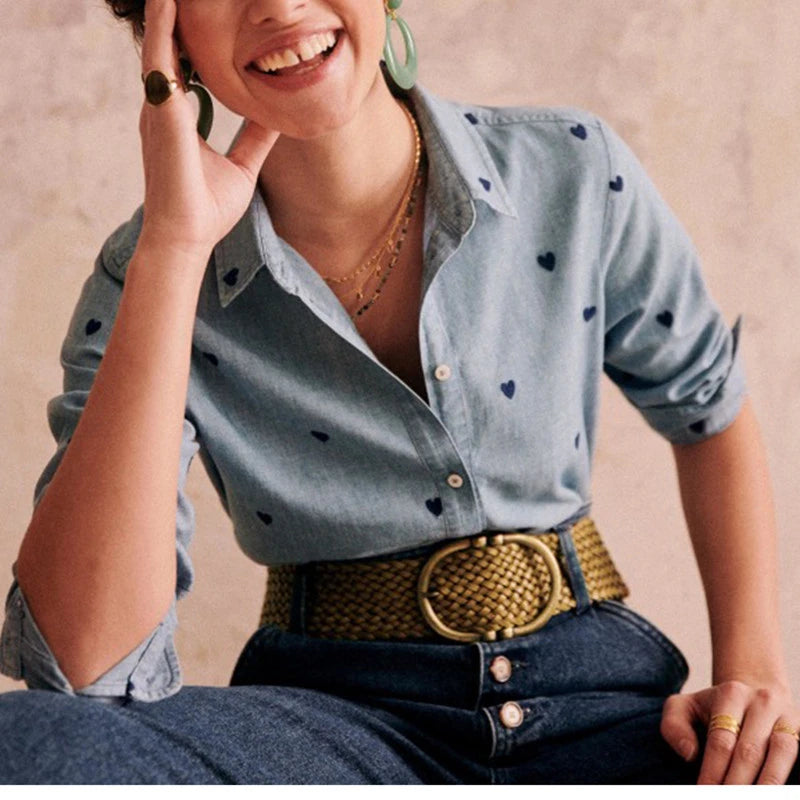 Women's Heart Embroidery Denim Shirt - Turn Down Collar Long Sleeve Blouse for Valentine's Day Gifts | Casual Wear, Date Night Outfit, Romantic Occasion Fashion