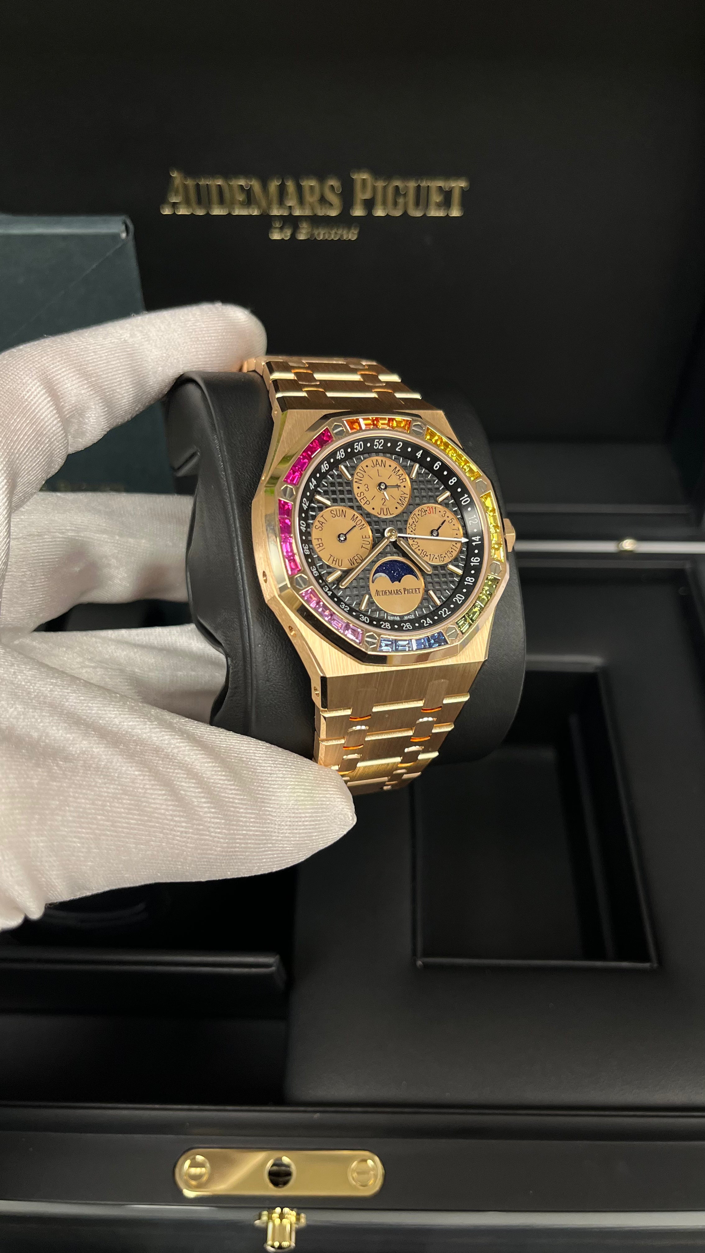 Audemars Piguet Royal Oak Perpetual Calendar 41mm 18K Rose Gold Watch with Rainbow Gemstones - Limited Edition of 20 Pieces (Ref. 266140) - Luxury Collector's Timepiece for Special Occasions & Investment