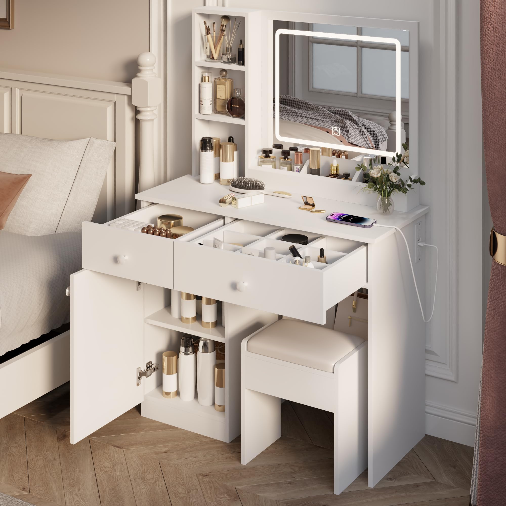 Vanity Desk with USB Charging Station, LED Mirror & Lights - Makeup Dressing Table Set with Large Storage & Detachable Drawers - Perfect for Bedroom, Salon & Beauty Studio Organization