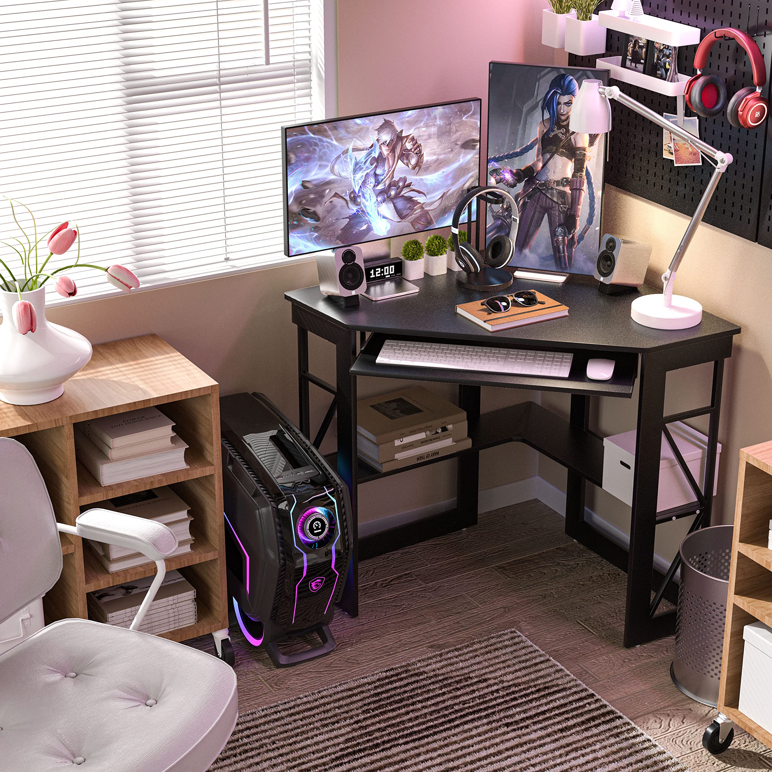 VECELO Compact Corner Desk with Keyboard Tray & Storage Shelves - Black Triangle Computer Desk for Home Office, Gaming & Small Spaces | Writing Table with Smooth Surface & Ergonomic Design