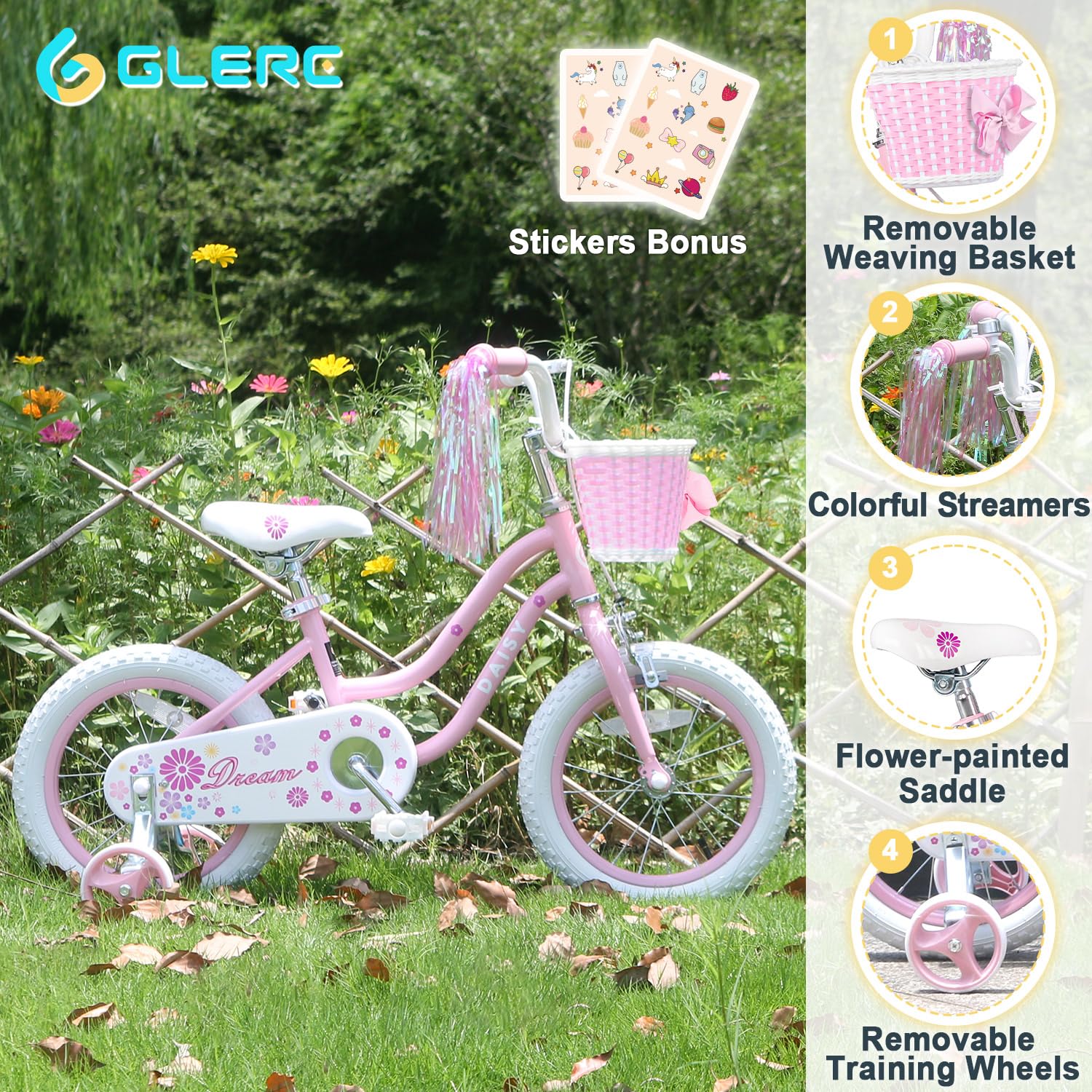 12 14 16 Inch Daisy Princess Girls Bike for Kids Ages 2-7 Years | Toddler & Child Bicycle with Training Wheels, Basket & Streamers | Multiple Colors | Perfect for Birthday Gifts, Park Rides & Neighborhood Cycling