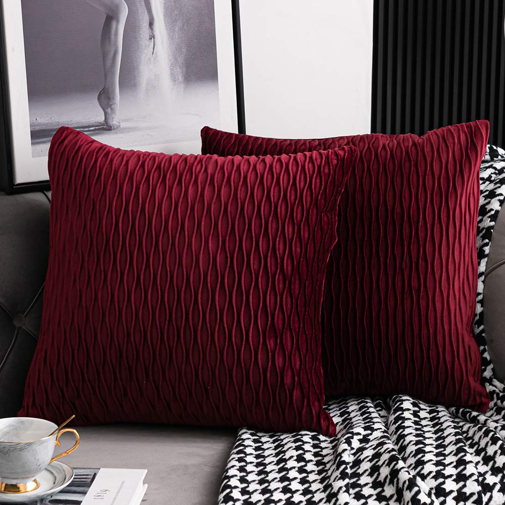 DEZENE 2 Pack 20x20 Inch Burgundy Striped Velvet Square Throw Pillow Covers - Decorative Farmhouse Couch Pillow Cases for Living Room, Bedroom & Sofa Decor