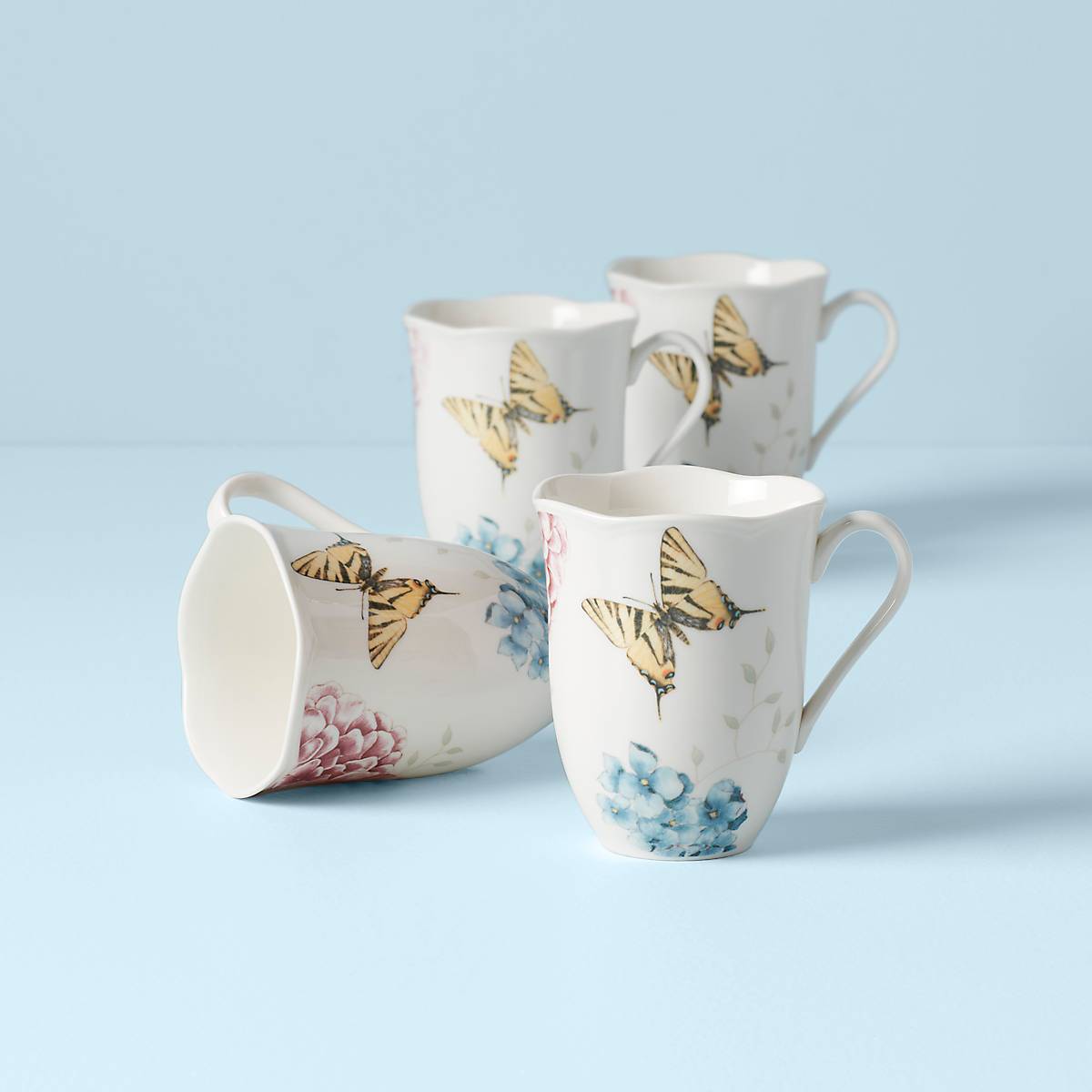 Butterfly Meadow Hydrangea Coffee Mugs Set of 4 - Floral Ceramic Tea Cups for Home, Office & Gifts | Perfect for Morning Coffee, Afternoon Tea & Decor