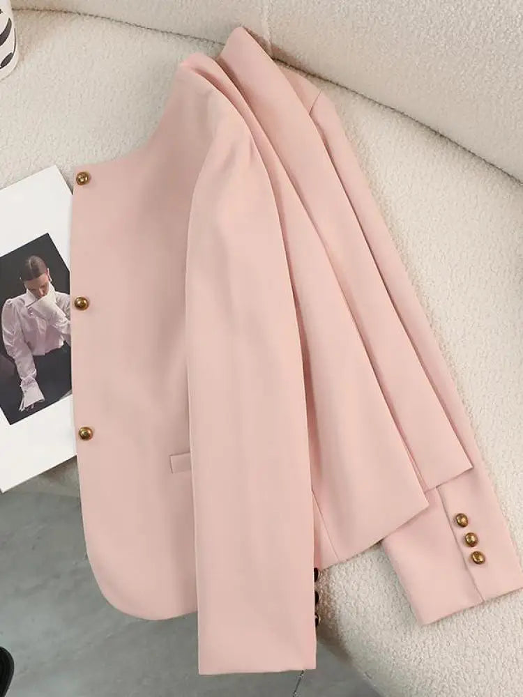 Women's Slim Fit Long Sleeve Blazer Coat - Black/Beige/Pink Round Neck Single Breasted Office Jacket for Spring & Autumn | Professional Workwear, Business Attire & Formal Occasions