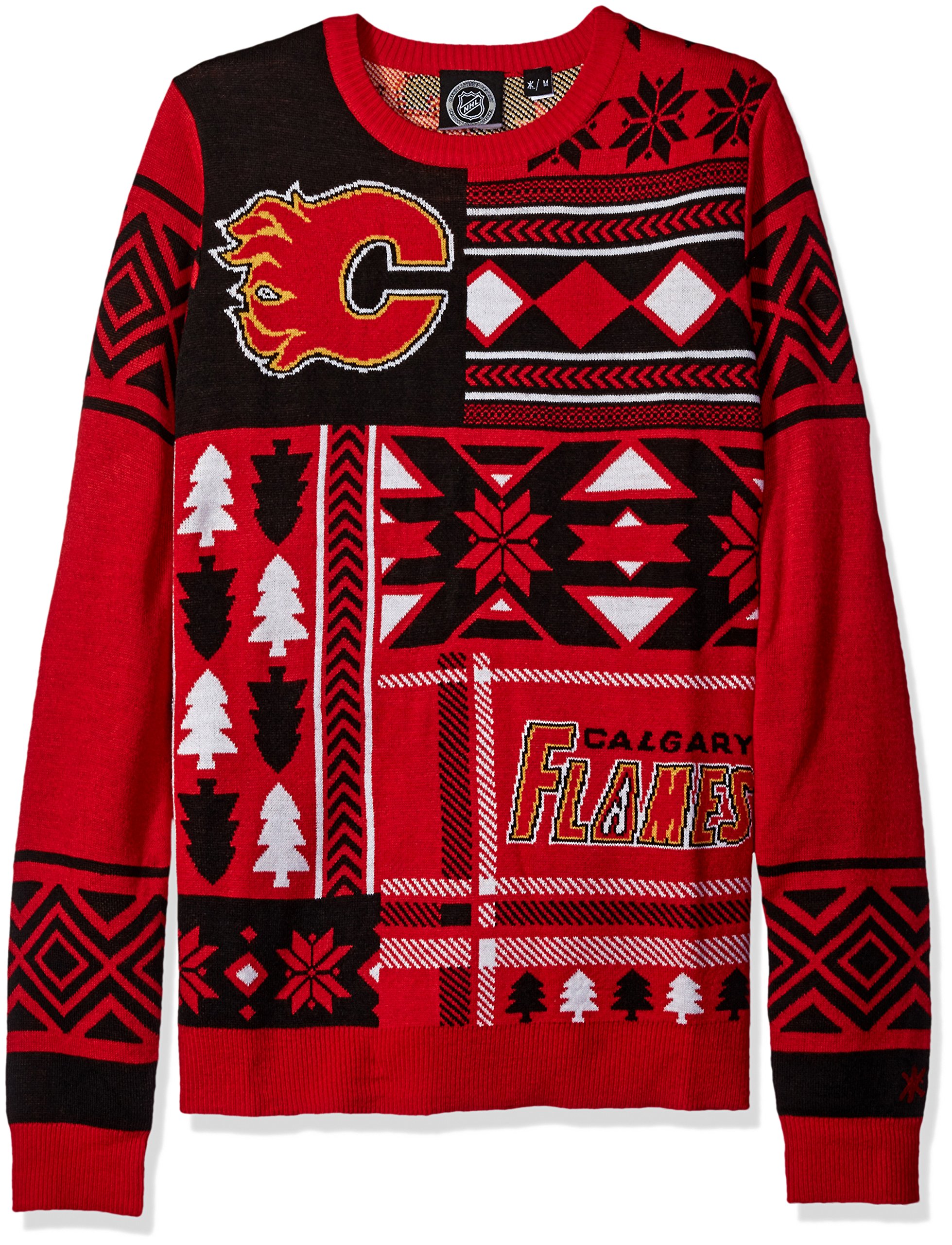 FOCO Calgary Flames Ugly Christmas Sweater - Large Crew Neck Holiday Pullover with Team Patches | Perfect for NHL Games, Ugly Sweater Parties & Festive Gifts