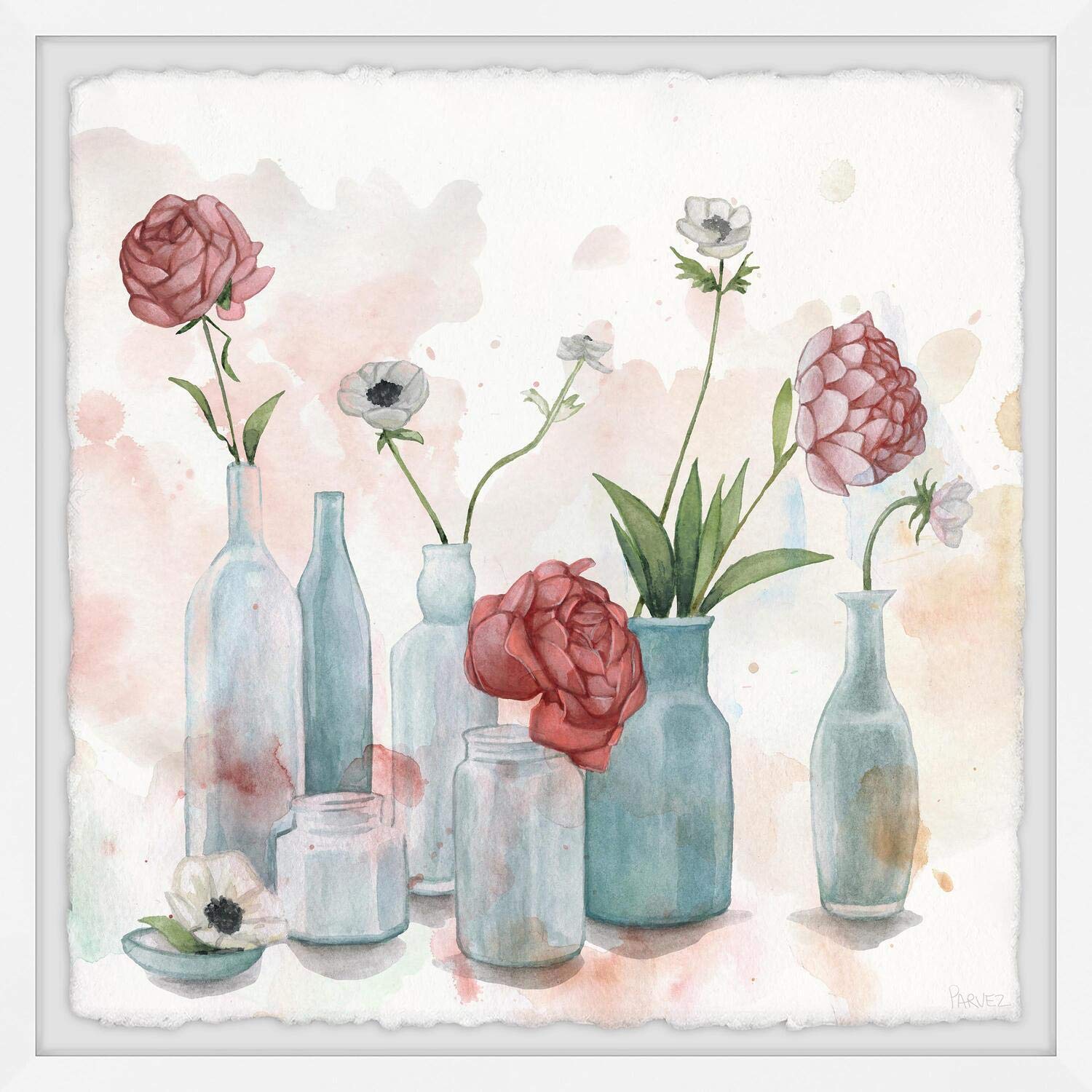 Parvez Taj Bottles and Blooms Framed Wall Art Print - 24x24 Inch Floral Still Life Painting for Living Room, Bedroom & Office Decor