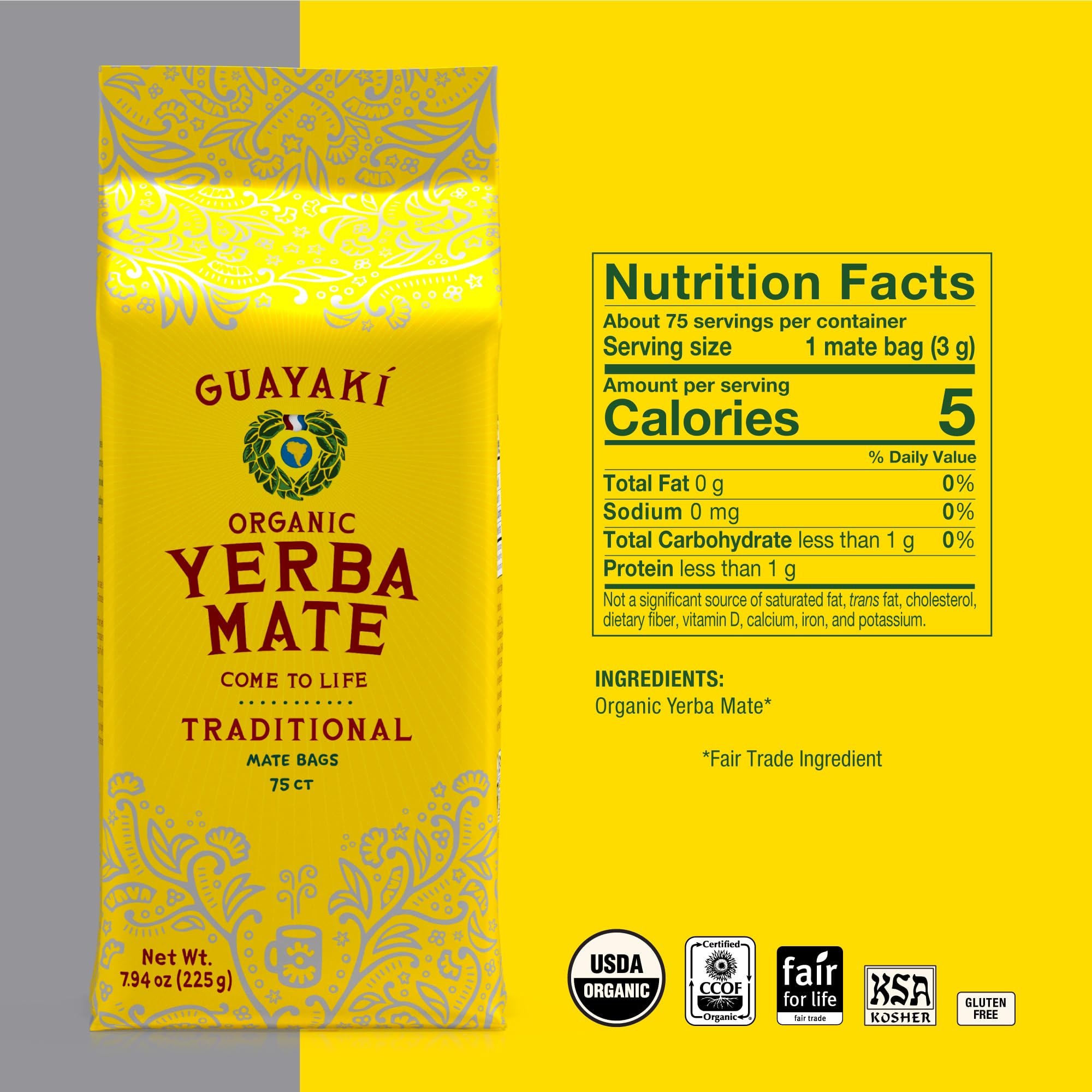 Organic Guayakí Yerba Mate Tea Bags - Unsweetened Traditional Blend, 75 Count (Pack of 6, 450 Total) | 40mg Natural Caffeine for Smooth Energy | Perfect Hot Beverage for Cold Weather, Office, Camping & Morning Boost