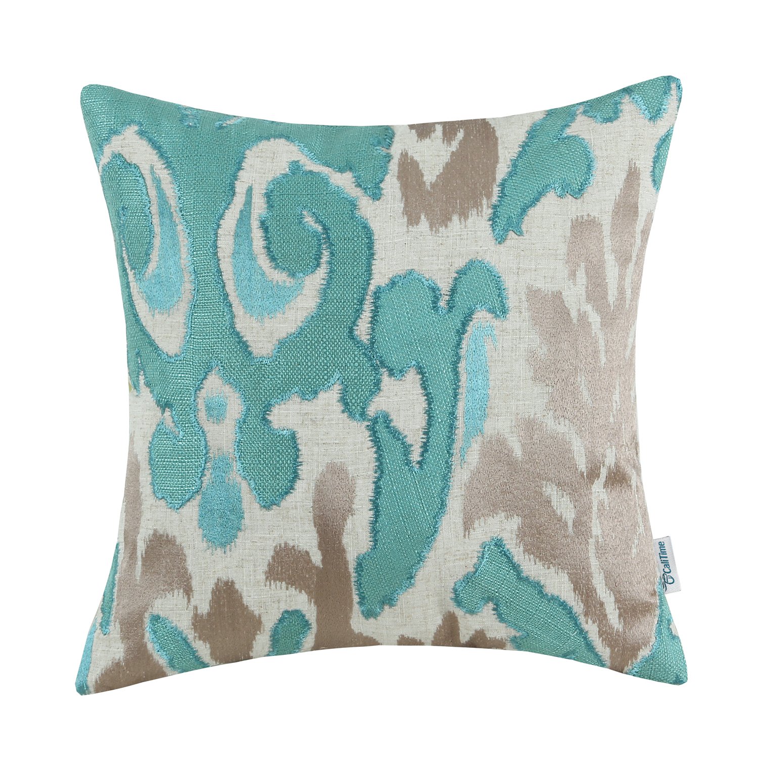 Premium Vintage Ikat Embroidered Throw Pillow Cover 20x20 Inches - Teal & Light Taupe Couch Sofa Decor for Living Room, Bedroom & Home Styling | Boho Chic Home Accessories for Cozy Comfort