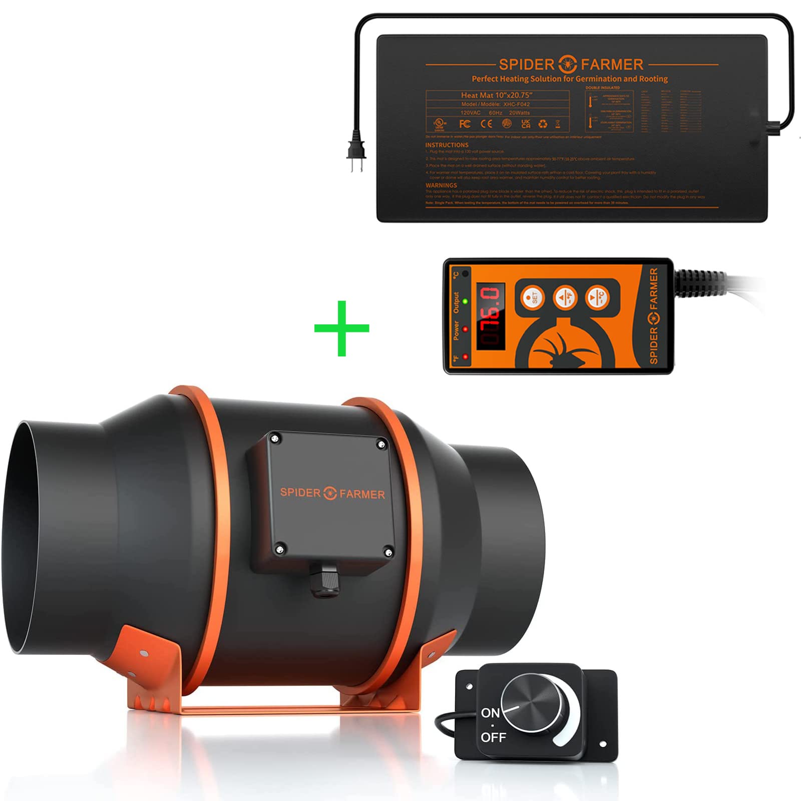 Spider Farmer 6 Inch Inline Duct Fan with Speed Controller & Seedling Heat Mat Kit - Perfect for Indoor Grow Tents, Hydroponics & Greenhouse Ventilation