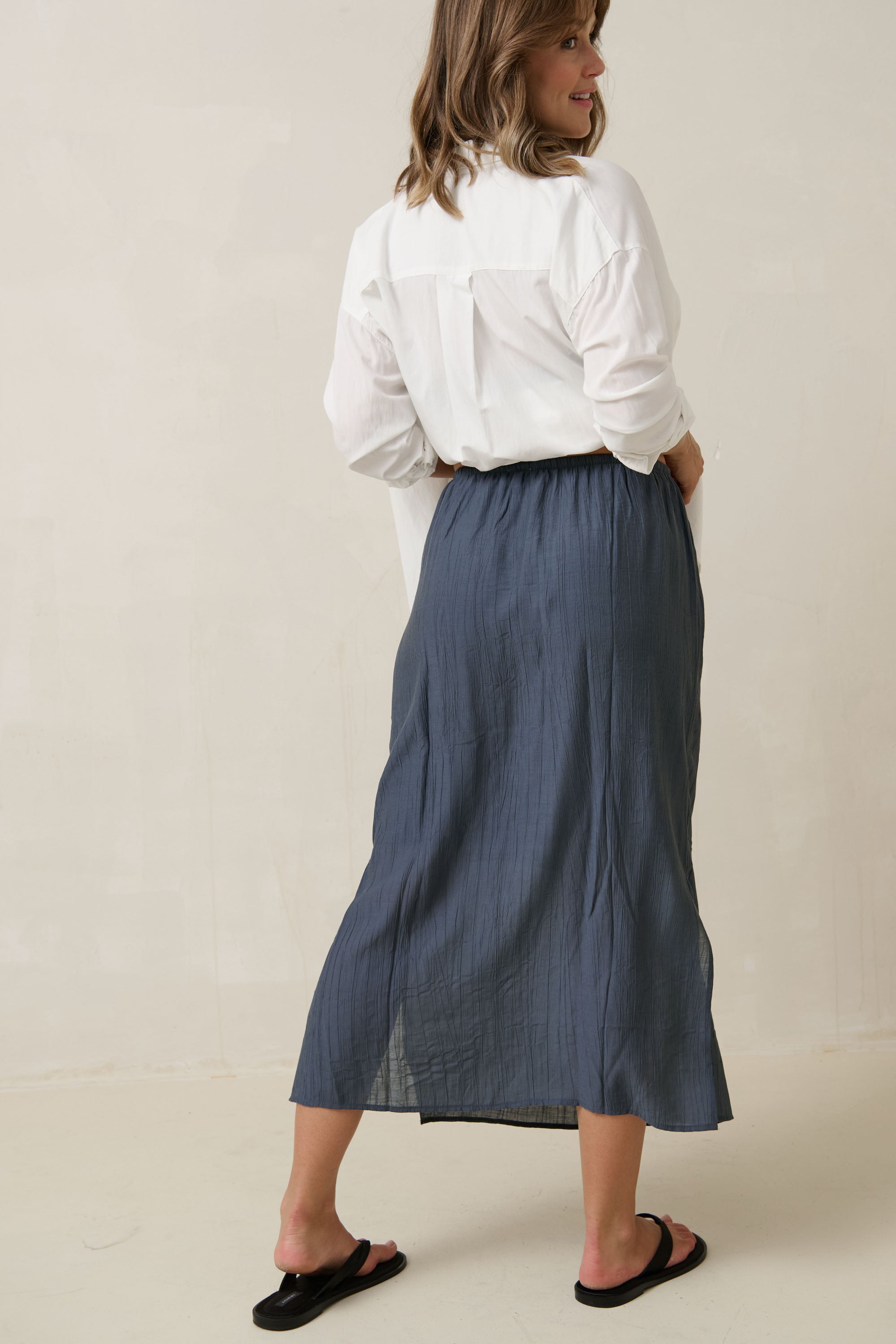 Ease Away Crinkle Skirt for Women - Stylish Steel Blue Midi Skirt | Perfect for Casual Outings, Office Wear & Summer Vacations