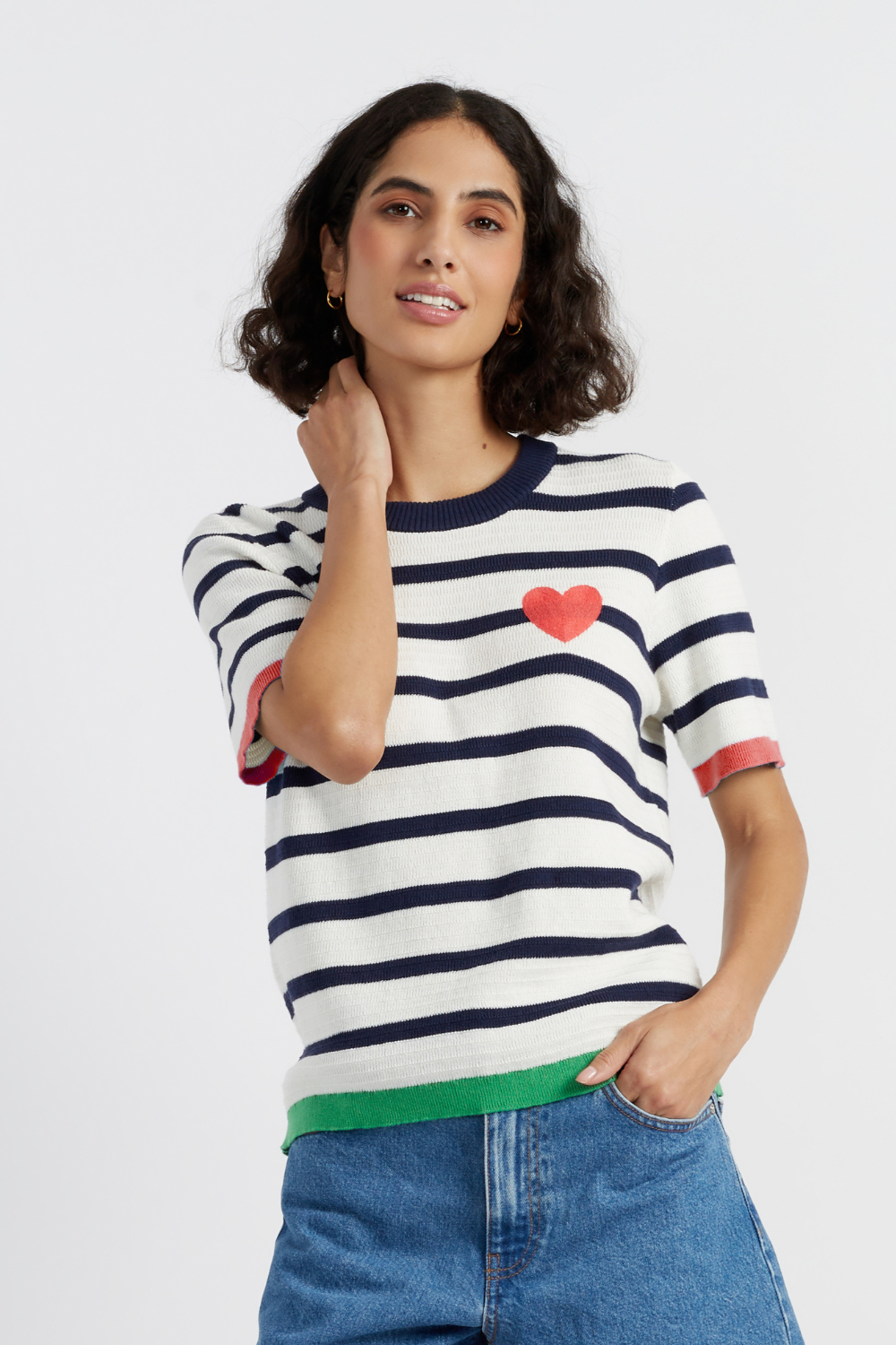 Navy Blue Cotton Crochet Heart Breton T-Shirt for Women - Casual Summer Top for Beach, Vacation & Everyday Wear