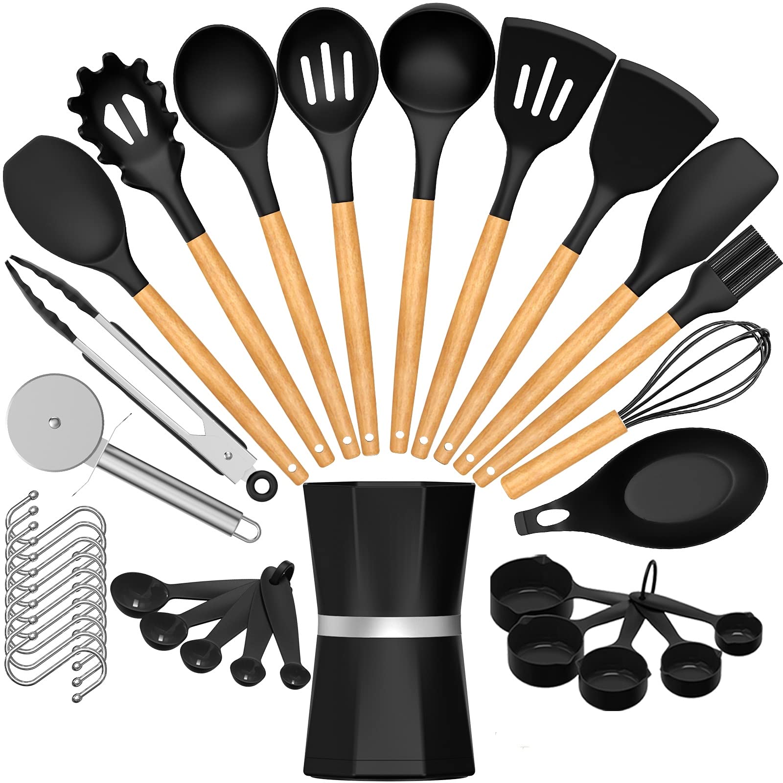 34-Piece Silicone Kitchen Utensil Set - Heat Resistant Cooking Tools with Wooden Handle (Spatula, Turner, Tongs, Pizza Cutter) for Nonstick Cookware - Perfect for Baking, Grilling & Everyday Cooking - Black