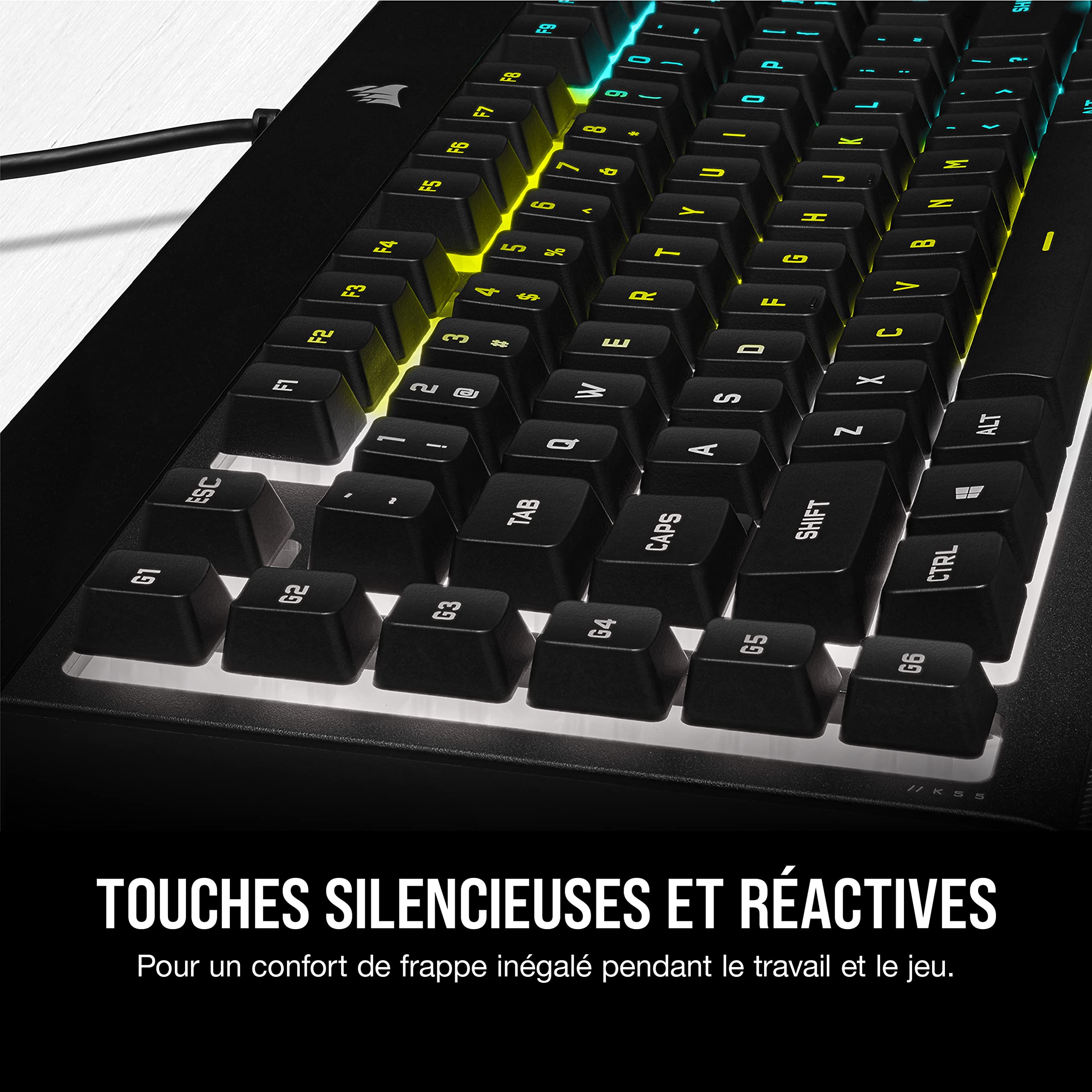 CORSAIR K55 RGB PRO Wired Gaming Keyboard – Membrane Keys, IP42 Dust & Splash Resistant – 6 Dedicated Macro Keys, Elgato Integration – iCUE Compatible – AZERTY FR Layout – for PC, Mac, Xbox – Black – Perfect for Gaming, Streaming & Office Work