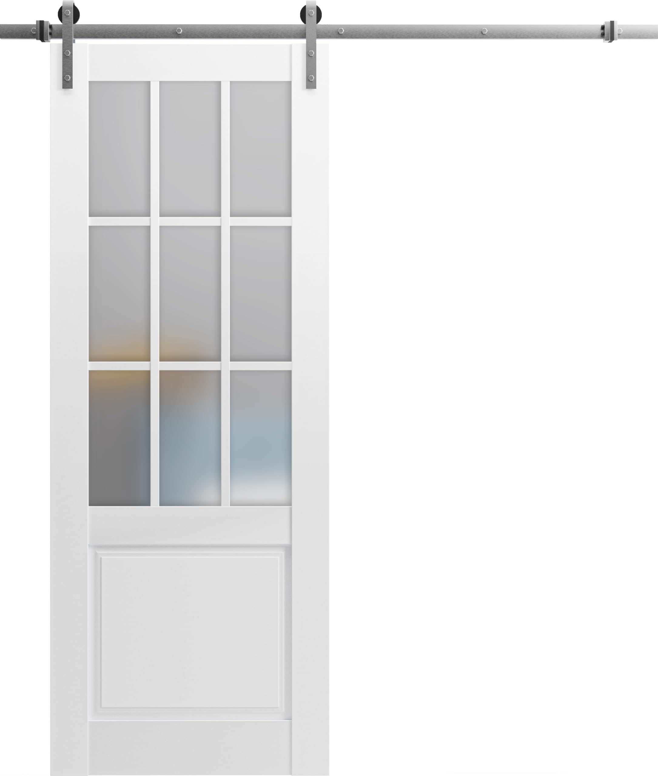 Felicia 3309 Matte White Frosted Glass 9-Lite Barn Door - 24x80 Inch Solid Panel Interior Door with 6.6FT Top Mount Stainless Steel Rail & Heavy Duty Hangers - Perfect for Bedroom, Bathroom or Closet Sliding Doors