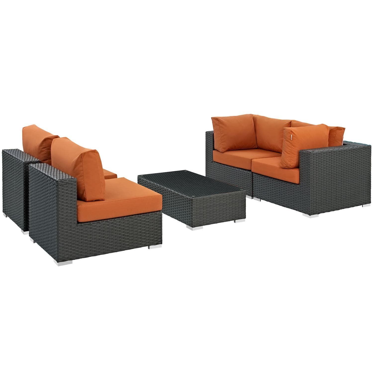 Modway Sojourn 5-Piece Outdoor Patio Sectional Set - Wicker Rattan Furniture with Sunbrella Canvas Cushions in Tuscan Beige - Perfect for Backyard, Poolside & Garden Relaxation