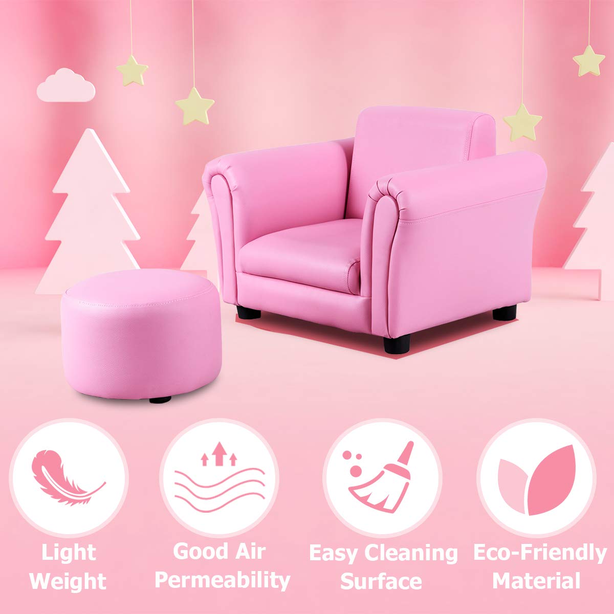 Costzon Kids Couch with Footstool - ASTM & CPSIA Certified Toddler Sofa, 100LBS Weight Capacity, Pink Armchair with Armrest & Backrest - Perfect for Playroom, Nursery, or as Birthday Gift for Baby Girls
