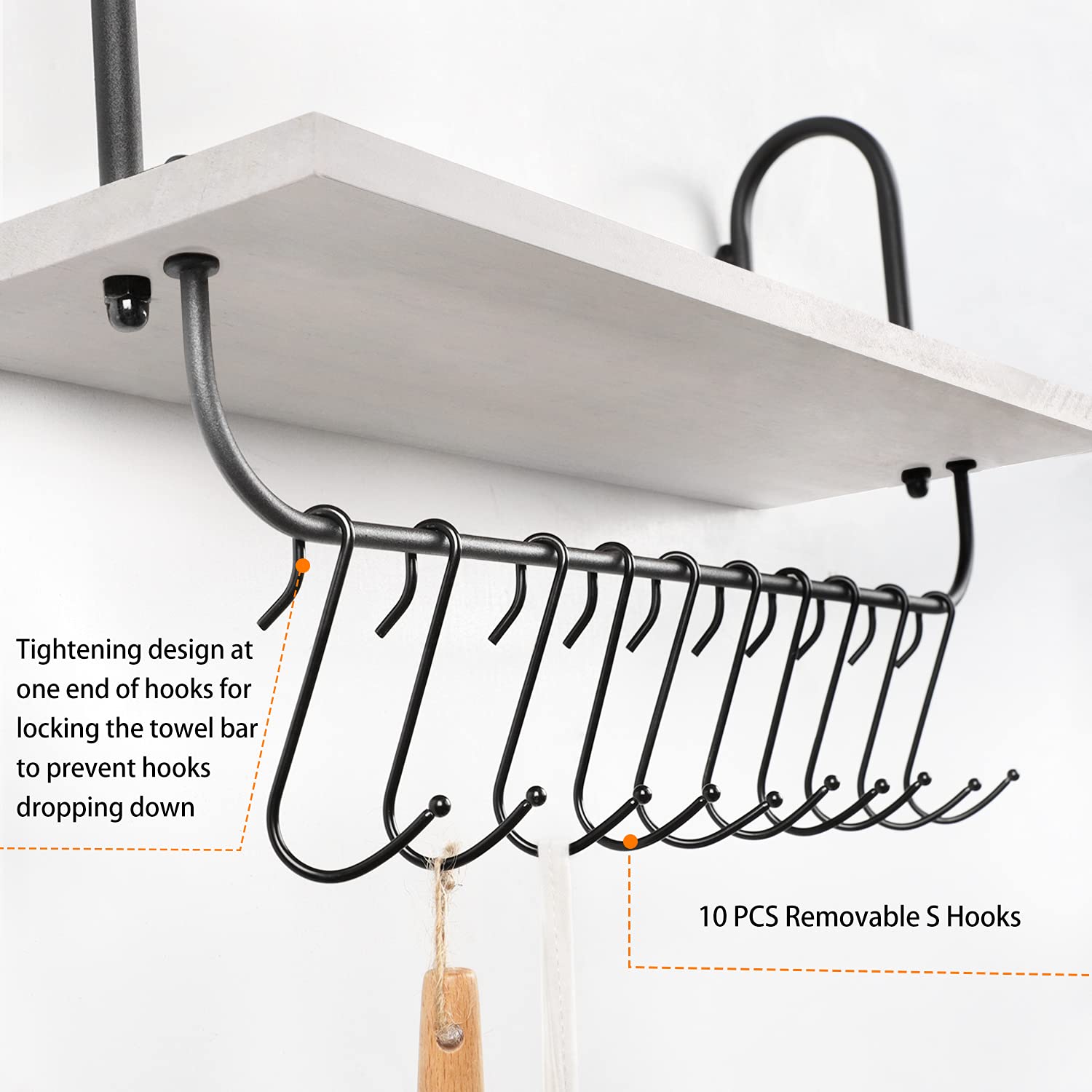 Olakee Set of 2 Floating Wall Shelves - 17x5.9 Inch Rustic Wooden Shelves with 10 Adjustable Hooks for Kitchen, Bathroom, Coffee Nook - Perfect for Mugs, Cooking Utensils, Towels & Home Organization (White) - Ideal for Small Space Storage & Farmhouse Decor