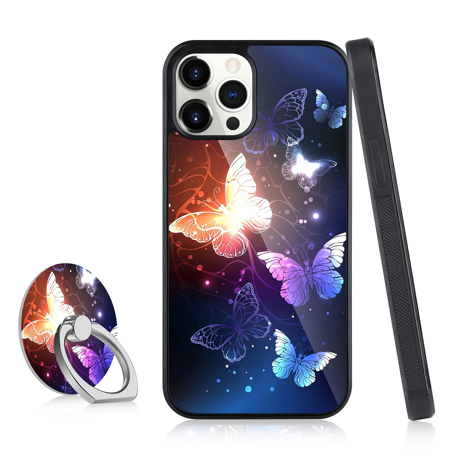 ITELINMON iPhone 13 Pro Max Case 6.7 Inch (2021) - Night Butterfly Design with Ring Holder, Anti-Slip Bumper, Shockproof Thin Hard PC + Flexible TPU Edges | Perfect for Daily Use, Travel & Outdoor Activities