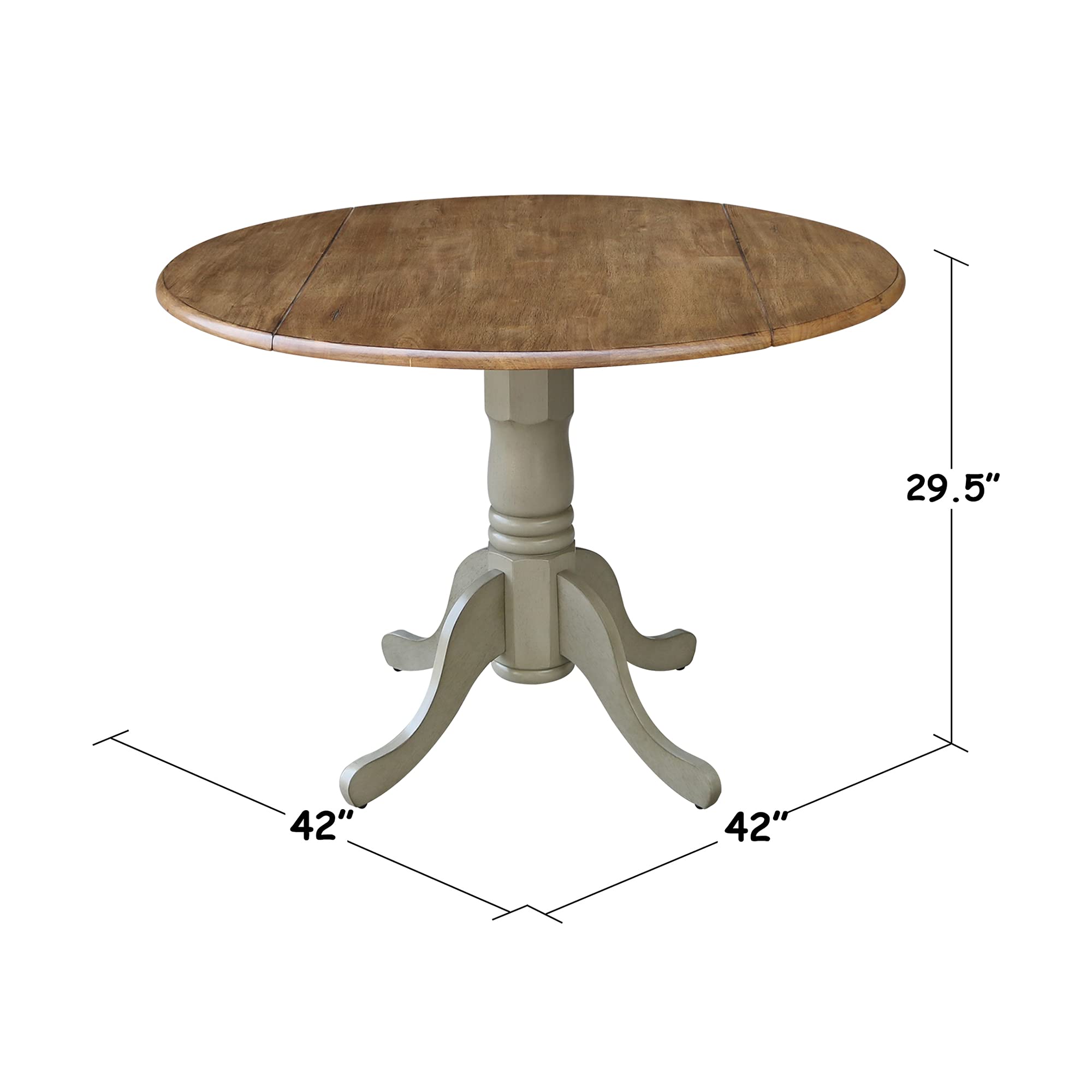 IC International Concepts 42-Inch Round Dual Drop Leaf Pedestal Dining Table - Solid Real Parawood with Distressed Hickory/Stone Finish | Perfect for Small Spaces, Kitchen Nooks & Cozy Dining Rooms