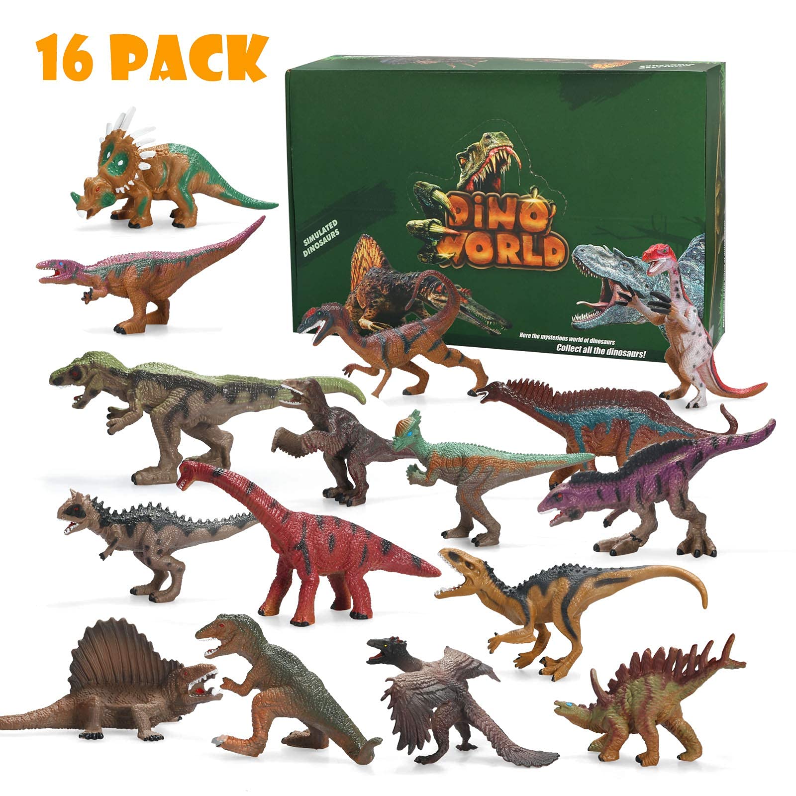 Dinosaur Toys 16 Pack - Realistic 5 Inch Dinosaur Figures for Kids, Educational Dino Toys Set Including Spinosaurus, T-Rex, Velociraptor, Brachiosaurus, Perfect for Birthday Party Favors, Classroom Learning, and Imaginative Play for Ages 3-5