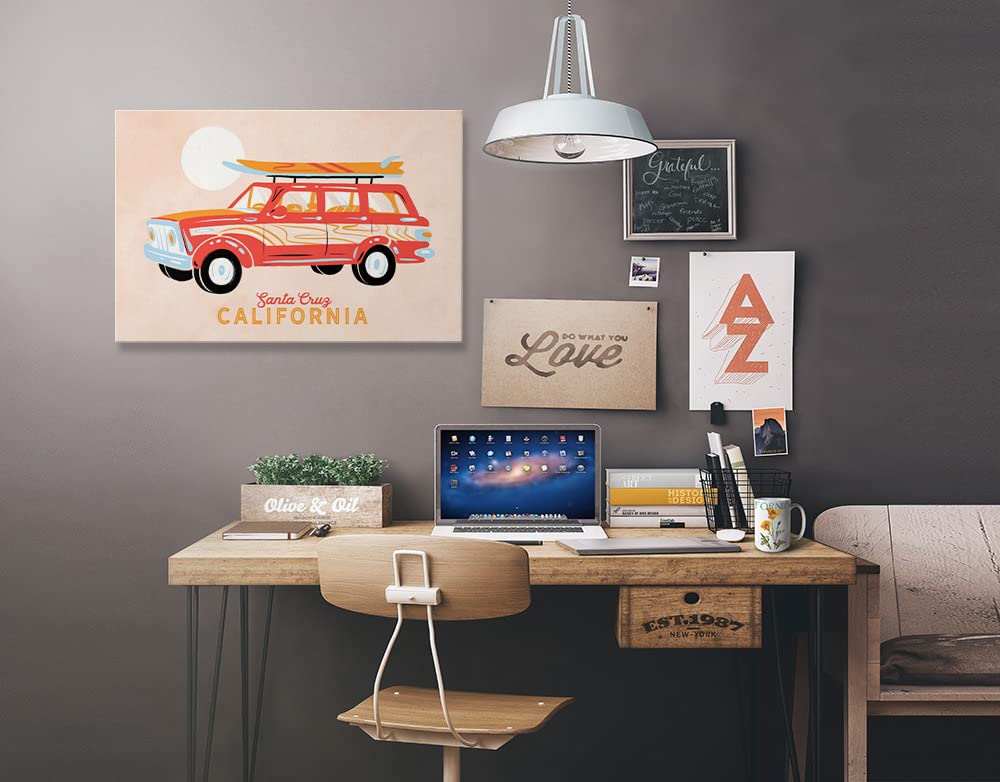 Lantern Press Santa Cruz California Secret Surf Spot Collection - Woody Wagon with Surfboards Wall Art (24x36 Wrapped Canvas) - Coastal Home Decor for Beach House, Living Room & Office