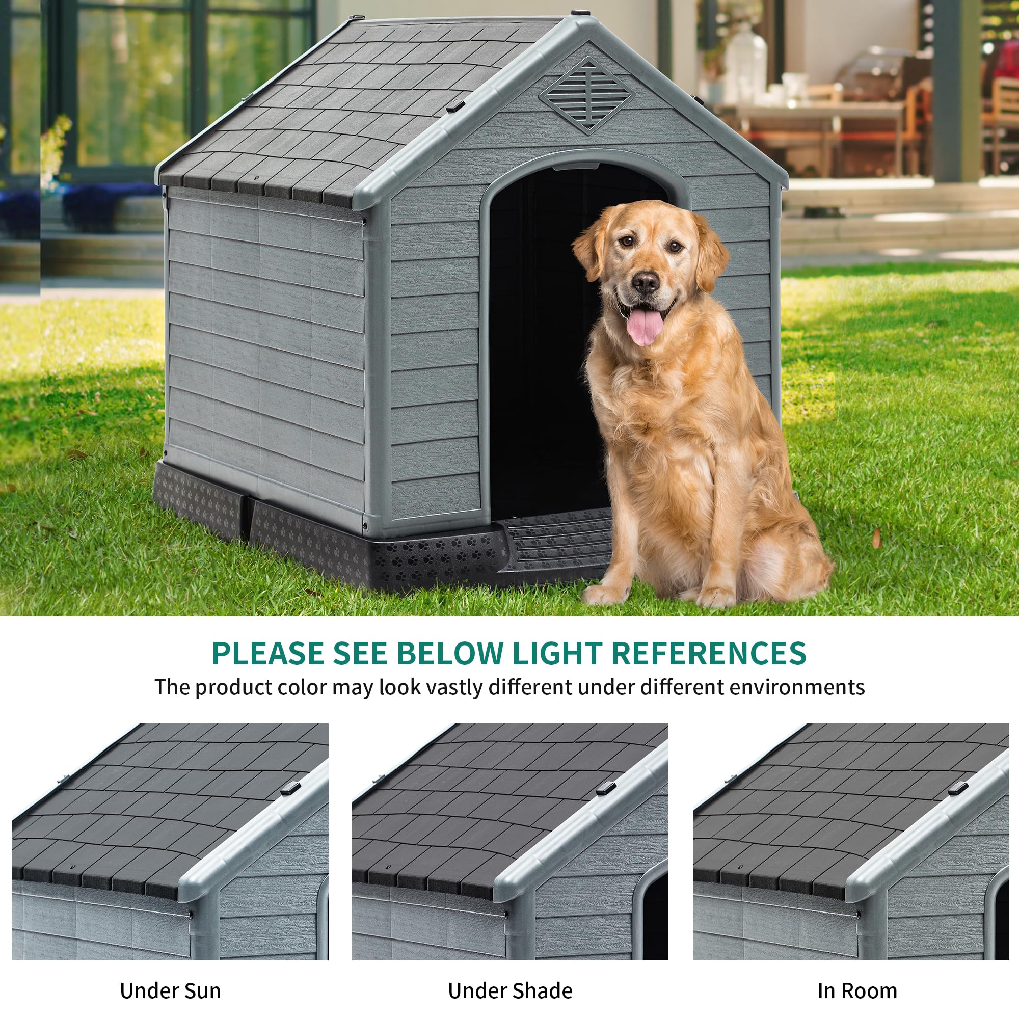YITAHOME 41'' Large Waterproof Plastic Dog House for Outdoor & Indoor Use - Sturdy Puppy Shelter with Air Vents & Elevated Floor - Easy Assembly Dog Kennel (41''L x 38''W x 39''H, Black+Gray) - Perfect for Backyard, Patio, Garage or Kennel Use