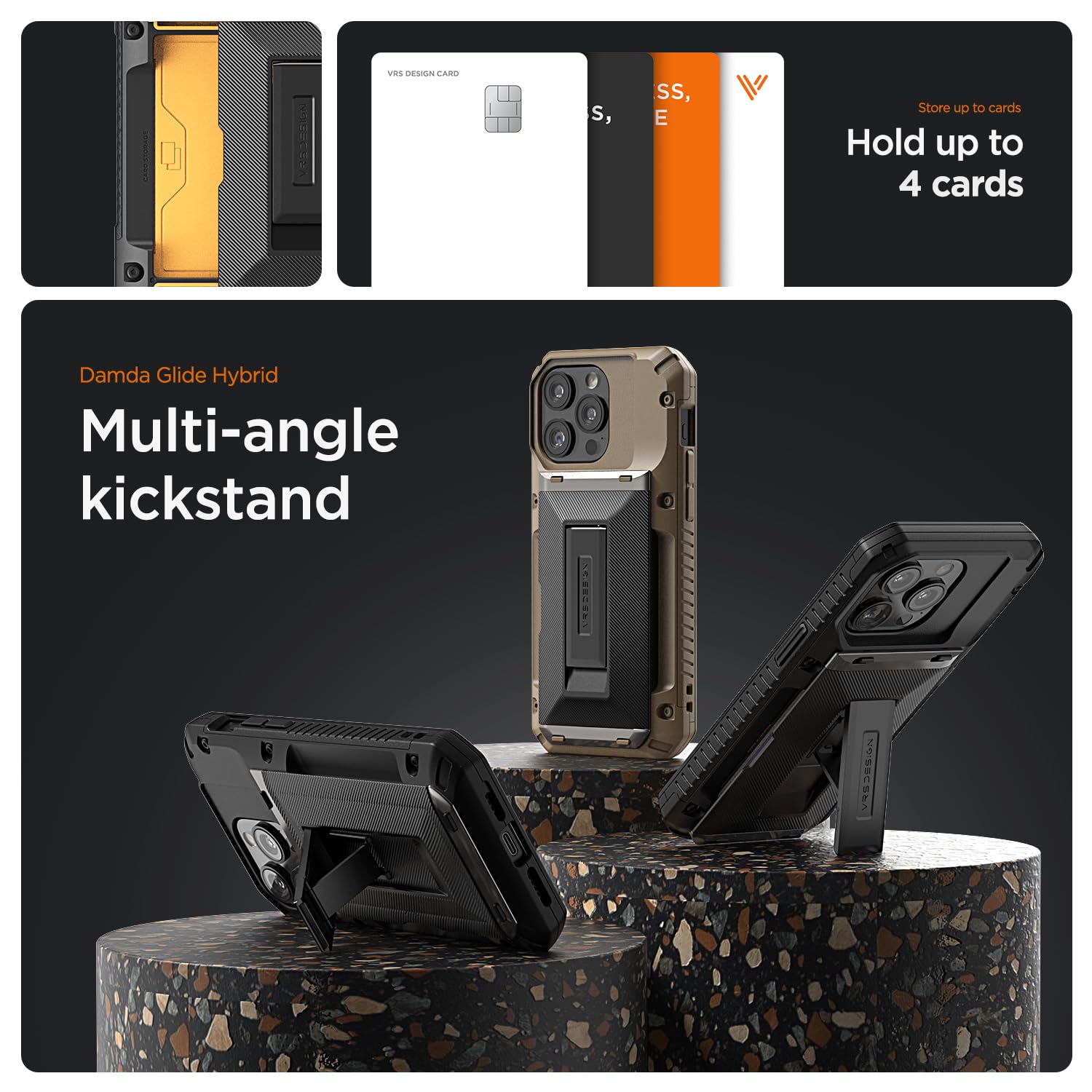 VRS DESIGN Damda Glide Hybrid Protective Case for iPhone 13 Pro Max (2021) - Slim Wallet Case with Built-in Card Holder & Kickstand | Shockproof & Durable Cover | Perfect for Work, Travel & Everyday Use (Groove Black)