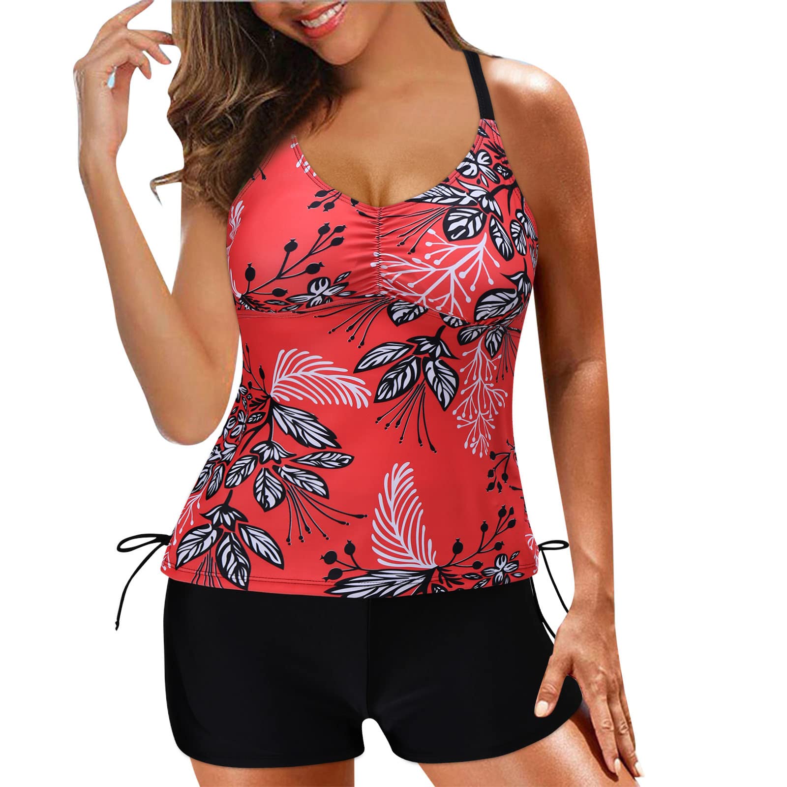 Plus Size Women's Two Piece Tankini Swimsuit with Shorts - Solid Color Split Bathing Suit for Women | Beach Vacation, Pool Party, Summer Swimwear