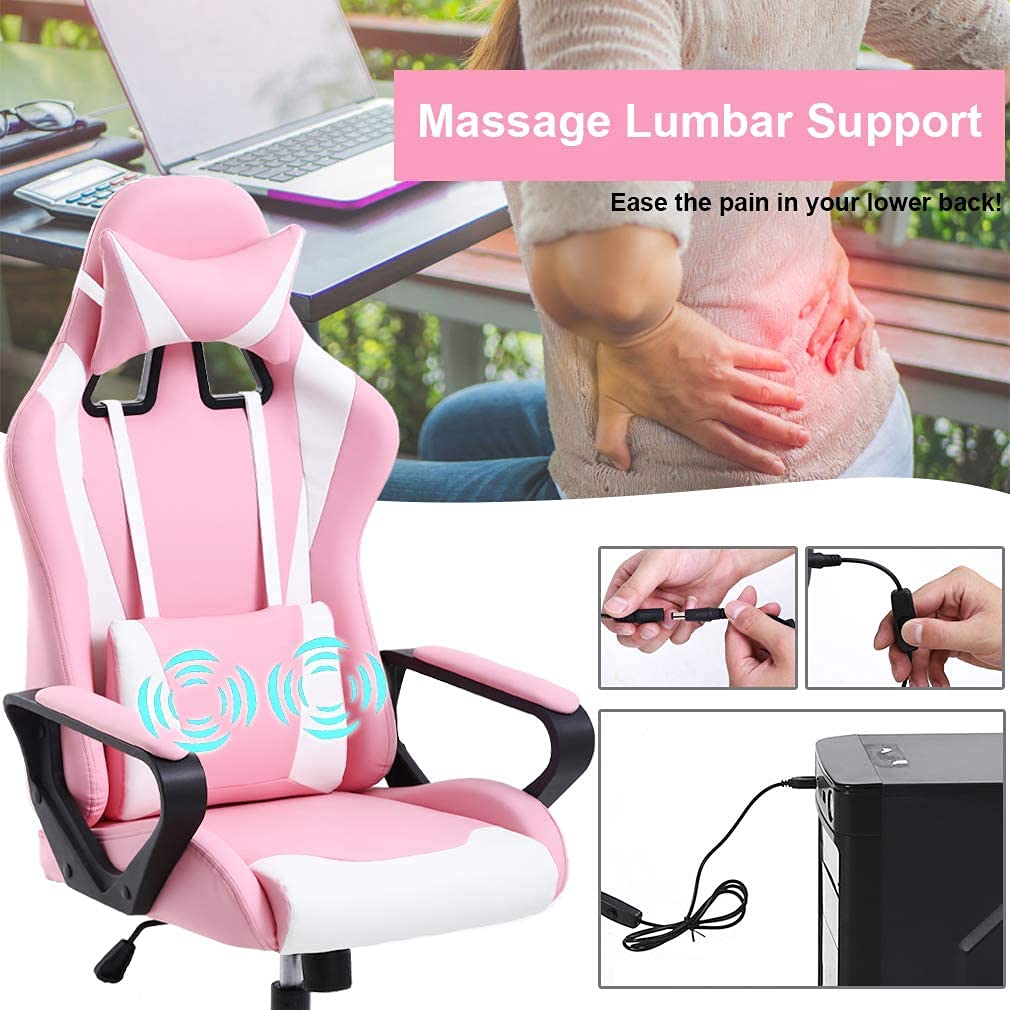 Racing Style Gaming Chair - Ergonomic High Back Office Chair with Adjustable Headrest & Lumbar Support - Pink Leather Computer Desk Chair for Gaming, Work & Home Office Use