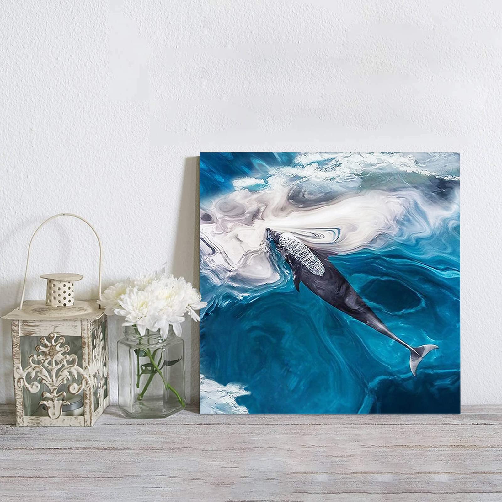 Framed Canvas Wall Art - Ocean Coastal Dolphins & Whale Painting, Blue Dreamy Sea Waves Stretched Canvas Print for Bathroom, Bedroom & Home Decor | Perfect for Beach House, Nursery & Living Room Wall Decoration