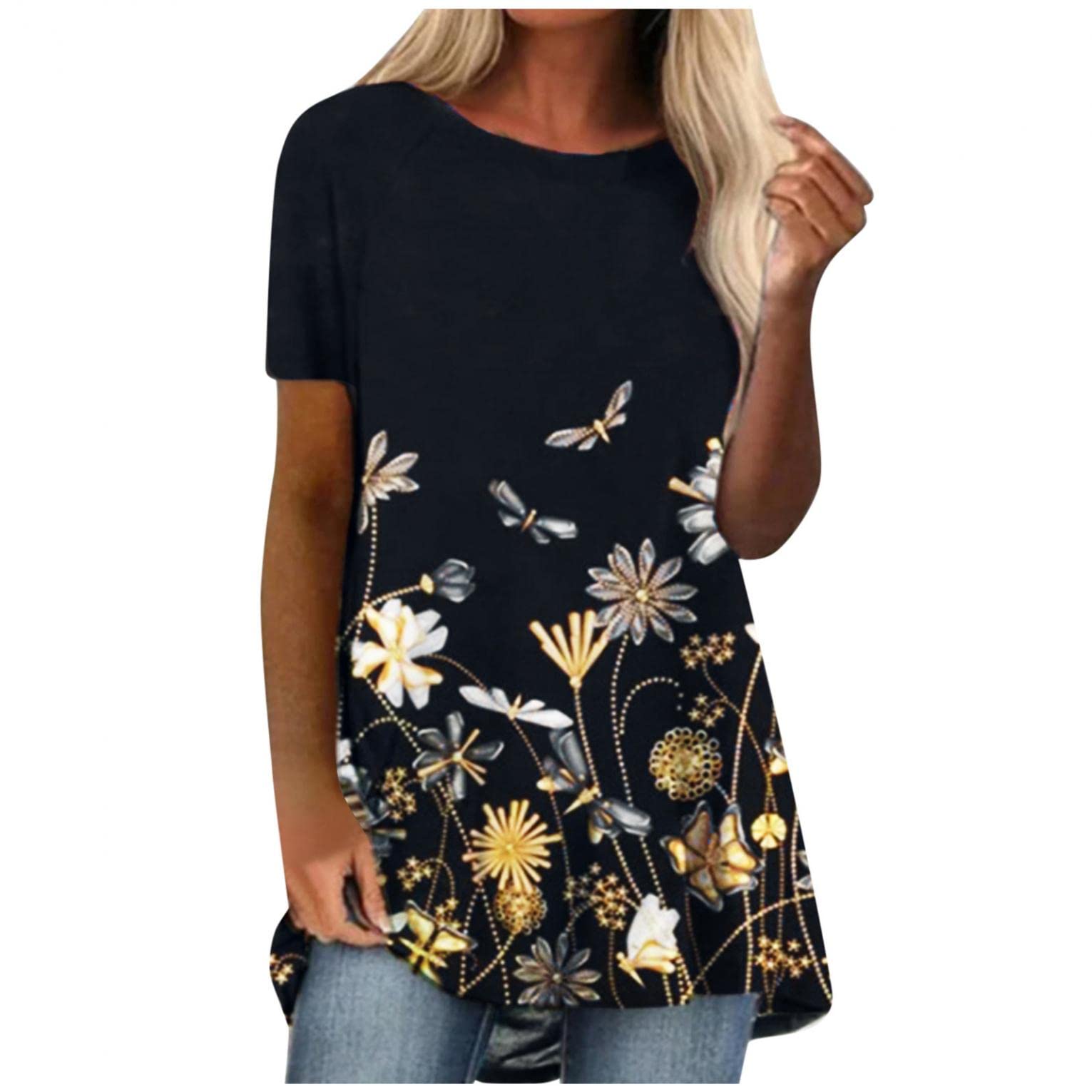 Trendy Women's Summer Tops 2022 - Casual Short Sleeve V-Neck Loose Fit Boho Floral Print T-Shirts & Tunic Dress Tops for Beach, Vacation, and Everyday Wear
