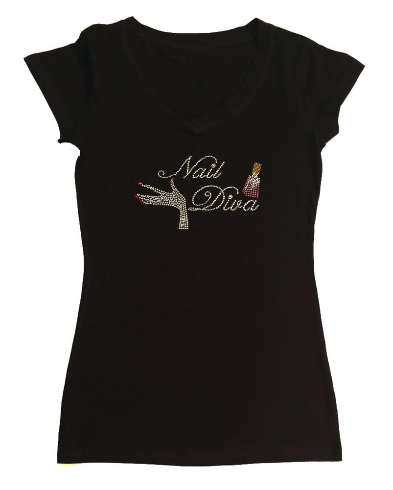 Women's Rhinestone Nail Polish Diva Graphic T-Shirt - Trendy Casual Tee for Nail Art Lovers & Fashion Enthusiasts