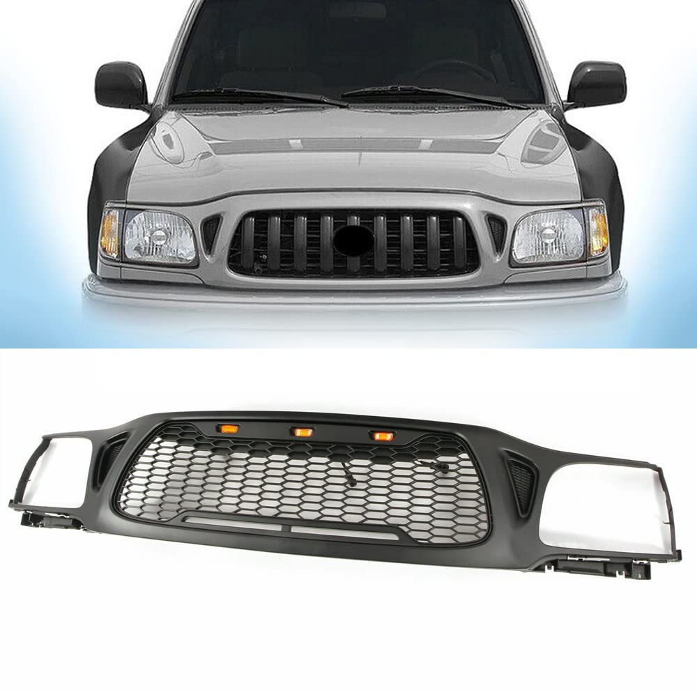 Black Front Grille with Honeycomb Mesh & 3 Amber LED Lights - Compatible with 2001-2004 Toyota Tacoma (XYL-010104TTB01) - Upgrade Your Truck's Style & Off-Road Look