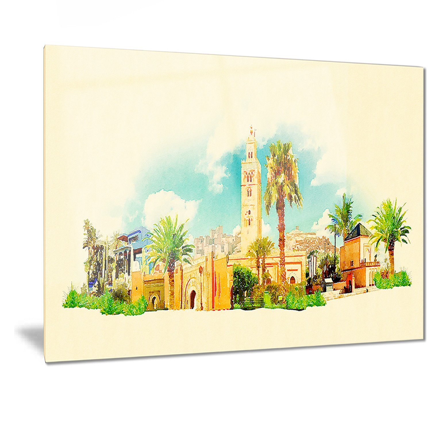 Designart Marrakech Panoramic Cityscape Watercolor Metal Wall Art - 40x30 Inches, Modern Home Decor for Living Room, Bedroom & Office - MT7377
