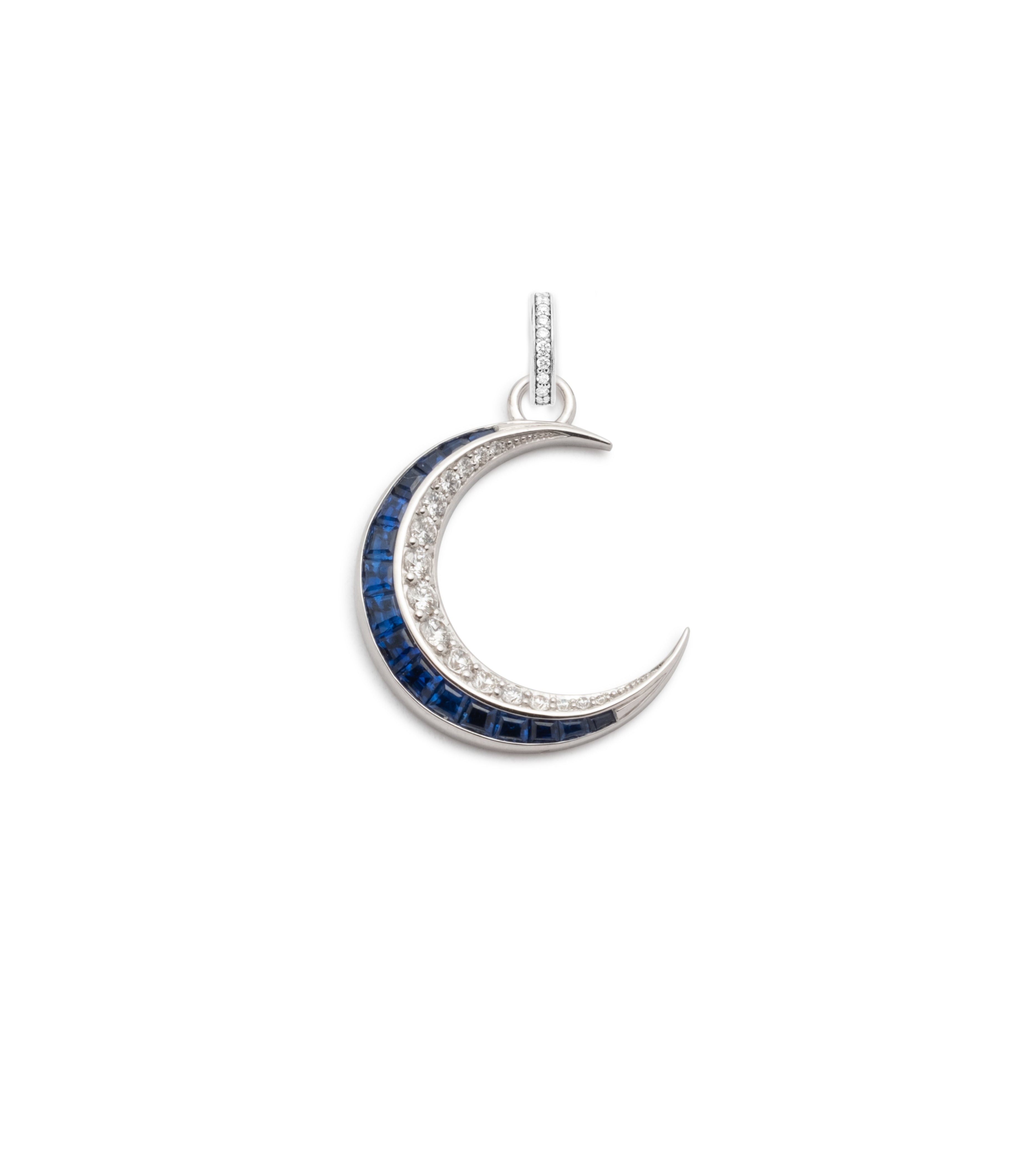 Blue Sapphire & Diamond Gemstone Medallion Necklace with Annex Link Chain - Elegant Crescent Karma Pendant for Women | Perfect for Weddings, Anniversaries & Special Occasions