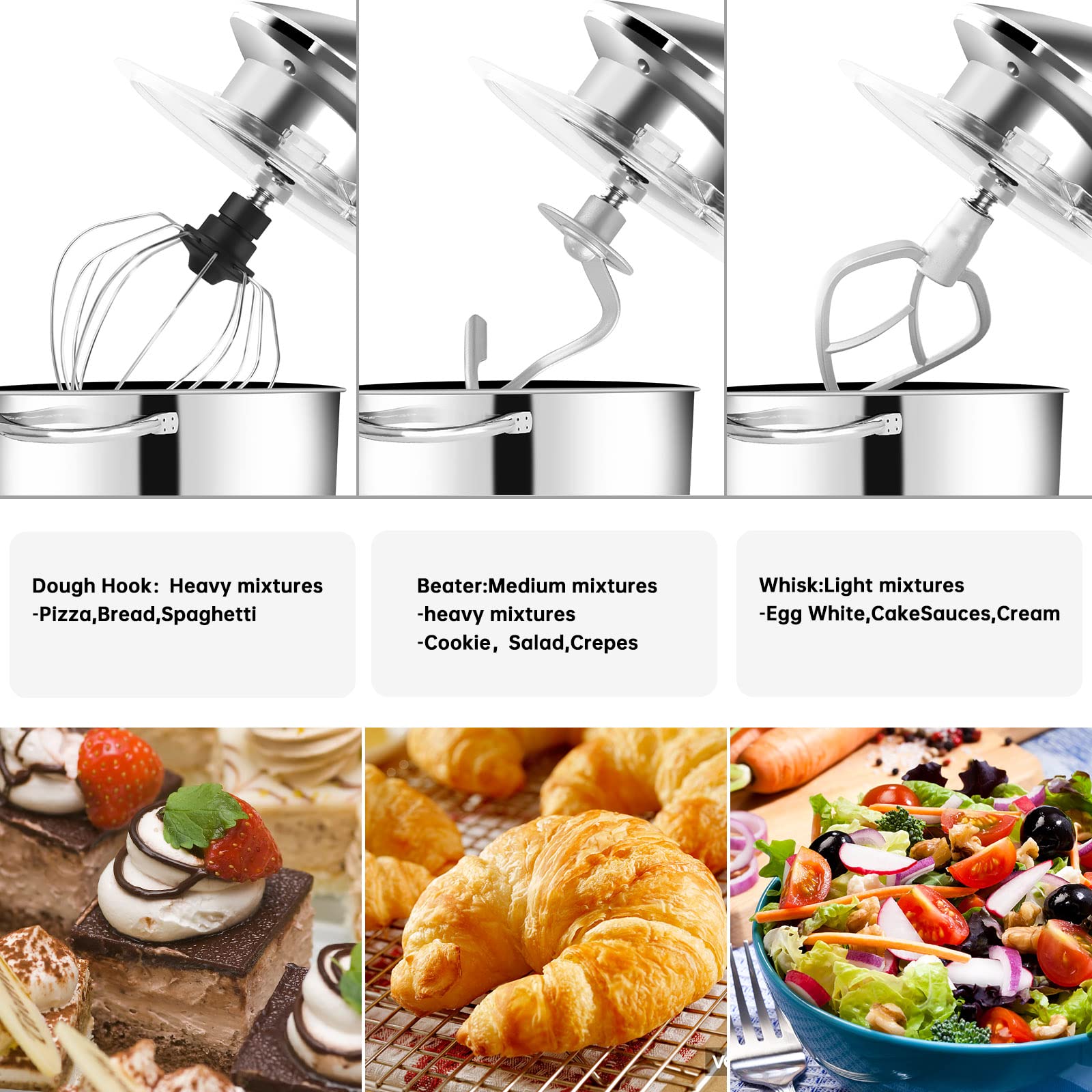 Seedeem 6Qt Stand Mixer, 660W Electric Food Mixer with Tilt-Head, 6-Speed Dough Mixer - Includes Dishwasher-Safe Dough Hook, Wire Whip & Beater - Perfect for Baking Bread, Cakes, Cookies & More (Silver)
