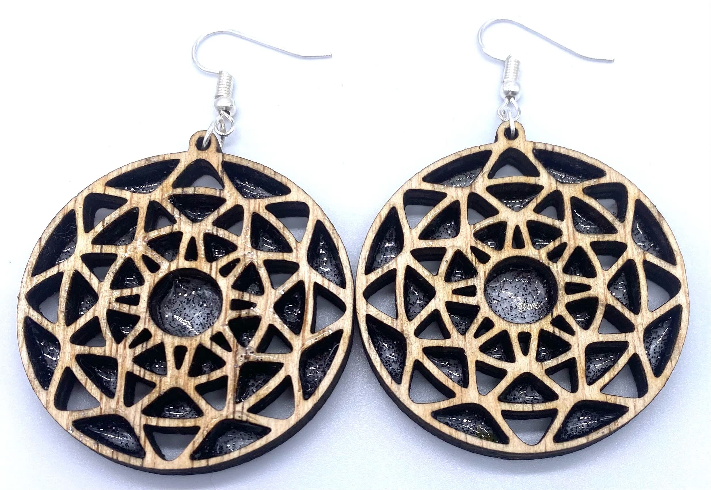 Handmade Wooden Mandala Earrings with Sparkling Resin Accents - Dangling Boho Style Hypoallergenic Shepherd's Hook Earrings - USA Made Jewelry for Women, Perfect for Festivals, Parties & Boho Fashion