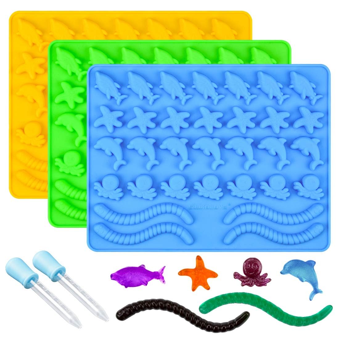 Premium Silicone Gummy & Hard Candy Molds Set - 3-Pack Ocean Theme (Worms, Starfish, Dolphins, Octopus, Sharks) | BPA-Free, Pinch Test Approved | Perfect for DIY Candy Making, Birthday Parties & Baking Decorations