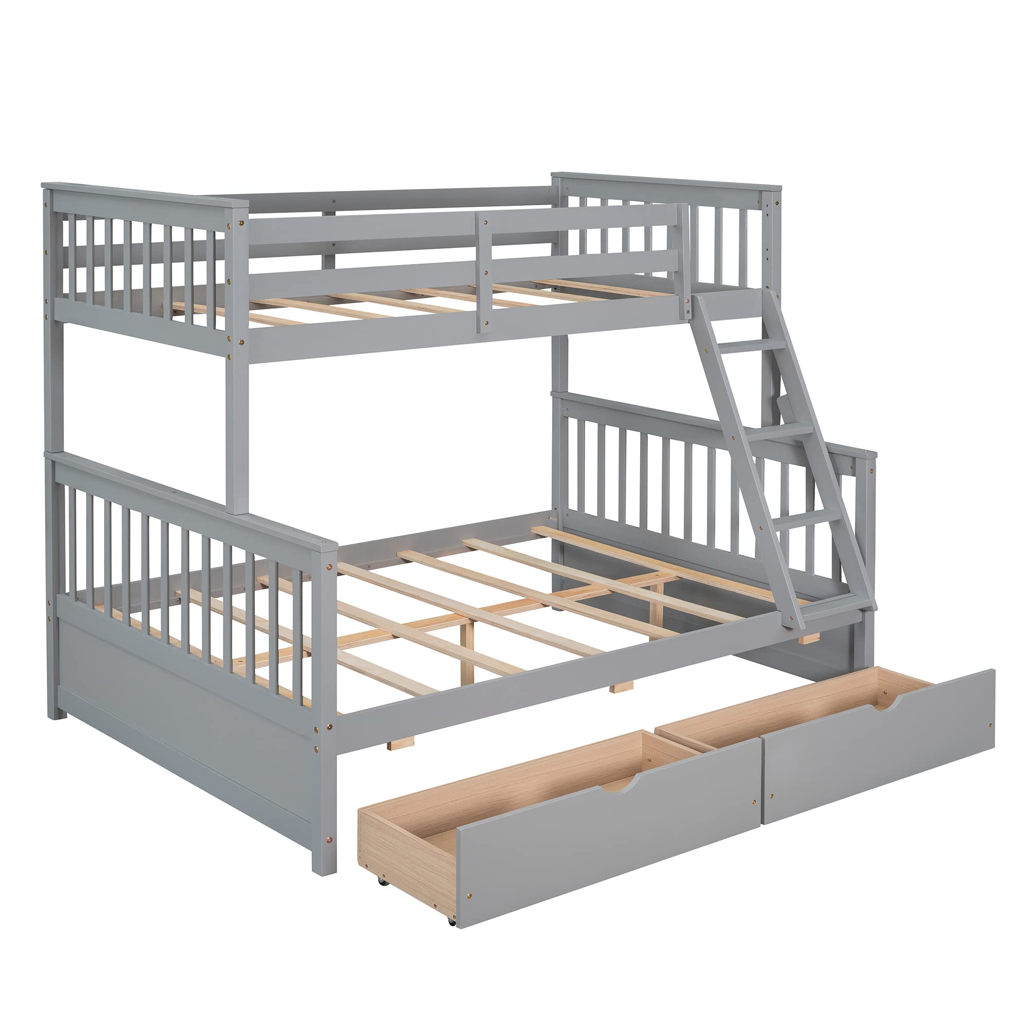 Harper & Bright Designs Twin Over Full Bunk Bed with Drawers & Ladder - Solid Wood Space-Saving Kids Bunk Bed - Grey Bedroom Furniture for Small Rooms & Shared Kids Bedrooms