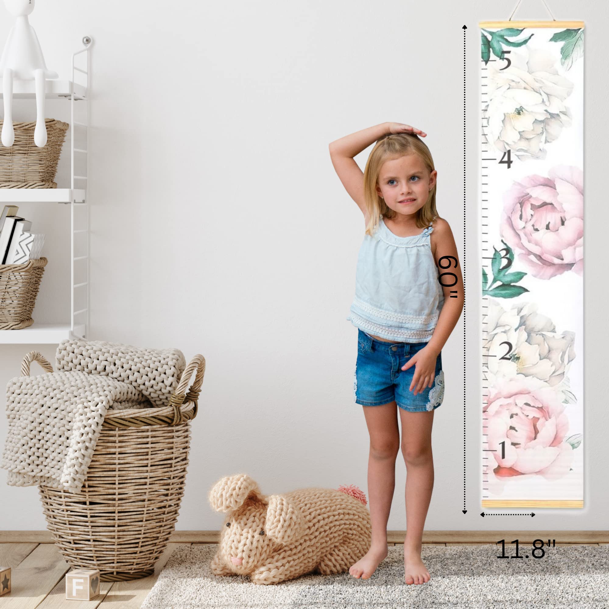 Morxy Canvas Growth Chart for Kids - Peonies Design Nursery Wall Decor - Baby Girl Room Decoration for Measuring Height - Perfect for Bedrooms, Playrooms & Gifts