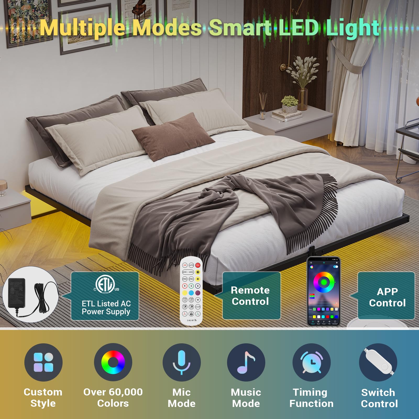 Hasuit Full Size Floating Bed Frame with LED Lights - Metal Platform Bed, No Box Spring Required, Easy Assembly - Perfect for Modern Bedrooms, Guest Rooms & Dorm Decor