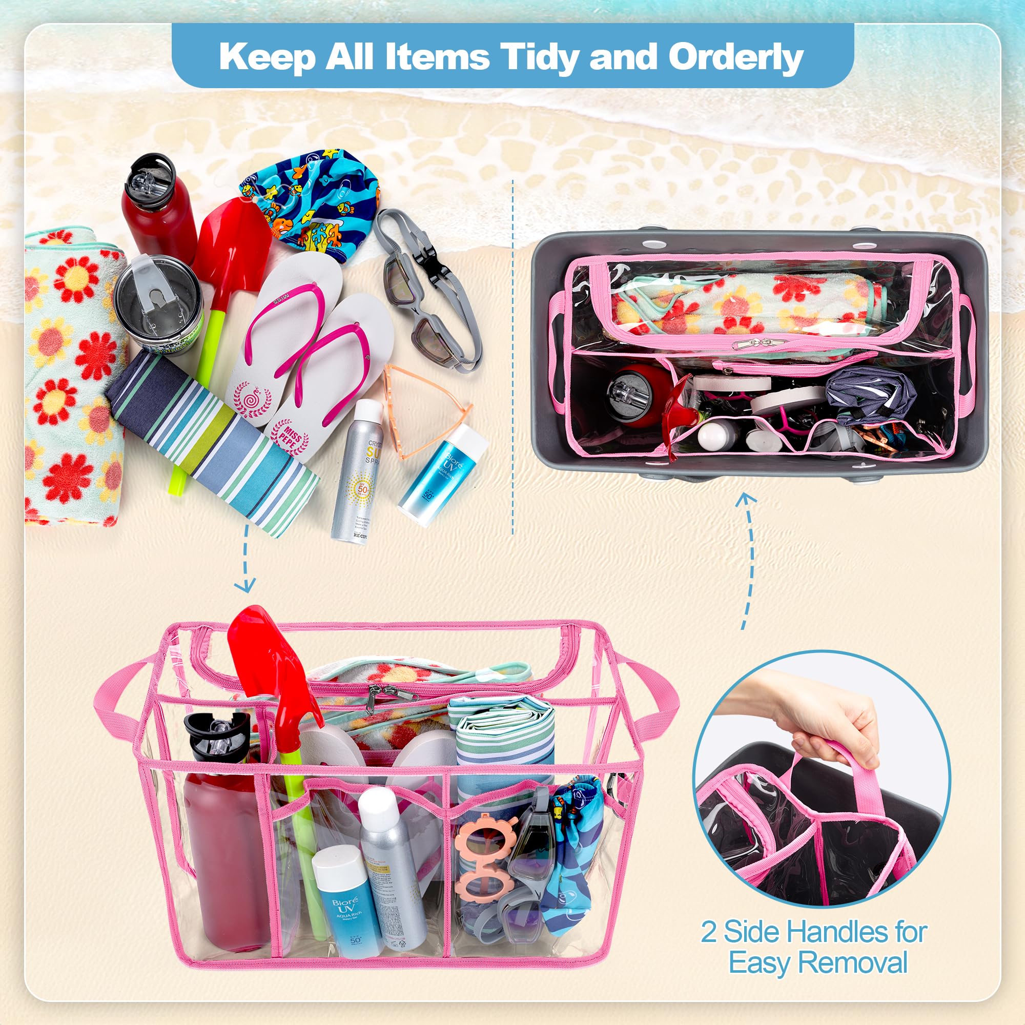 Waterproof Clear Beach Bag Organizer Insert for Bogg Bag X Large - 15.6 x 8.4 x 10.8 Inches Pink Divider Pouch - Perfect for Beach Trips, Poolside Essentials & Travel Organization