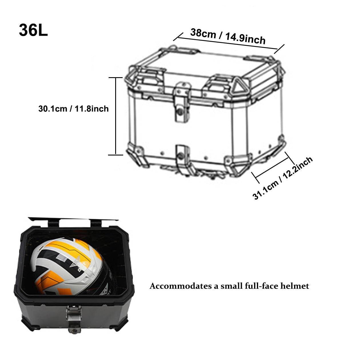 **Waterproof Aluminum Motorcycle Top Case - 28L to 100L (36L Black) - Secure Locking Touring Trunk for Storage & Travel**    *(Ideal for Commuting, Road Trips, and Adventure Riding - Fits Most Motorcycles)*