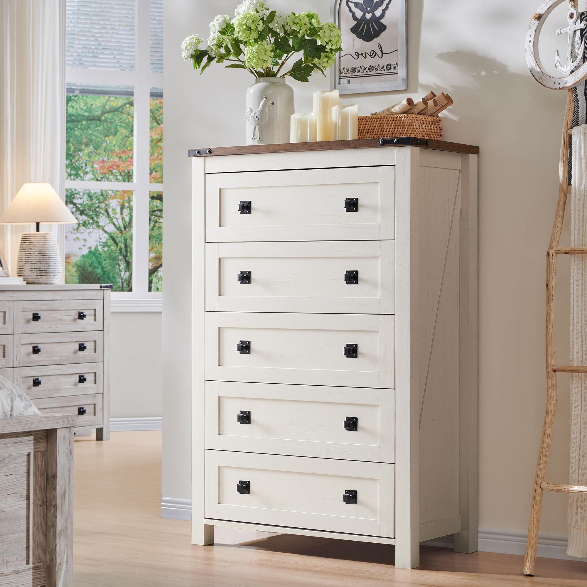 T4TREAM Farmhouse 5-Drawer Dresser Chest - Rustic Wood Tall Chest of Drawers for Bedroom Storage - Antique White Dresser Organizer for Bedroom, Living Room & Hallway - Perfect for Home Decor, Guest Rooms & Closet Organization