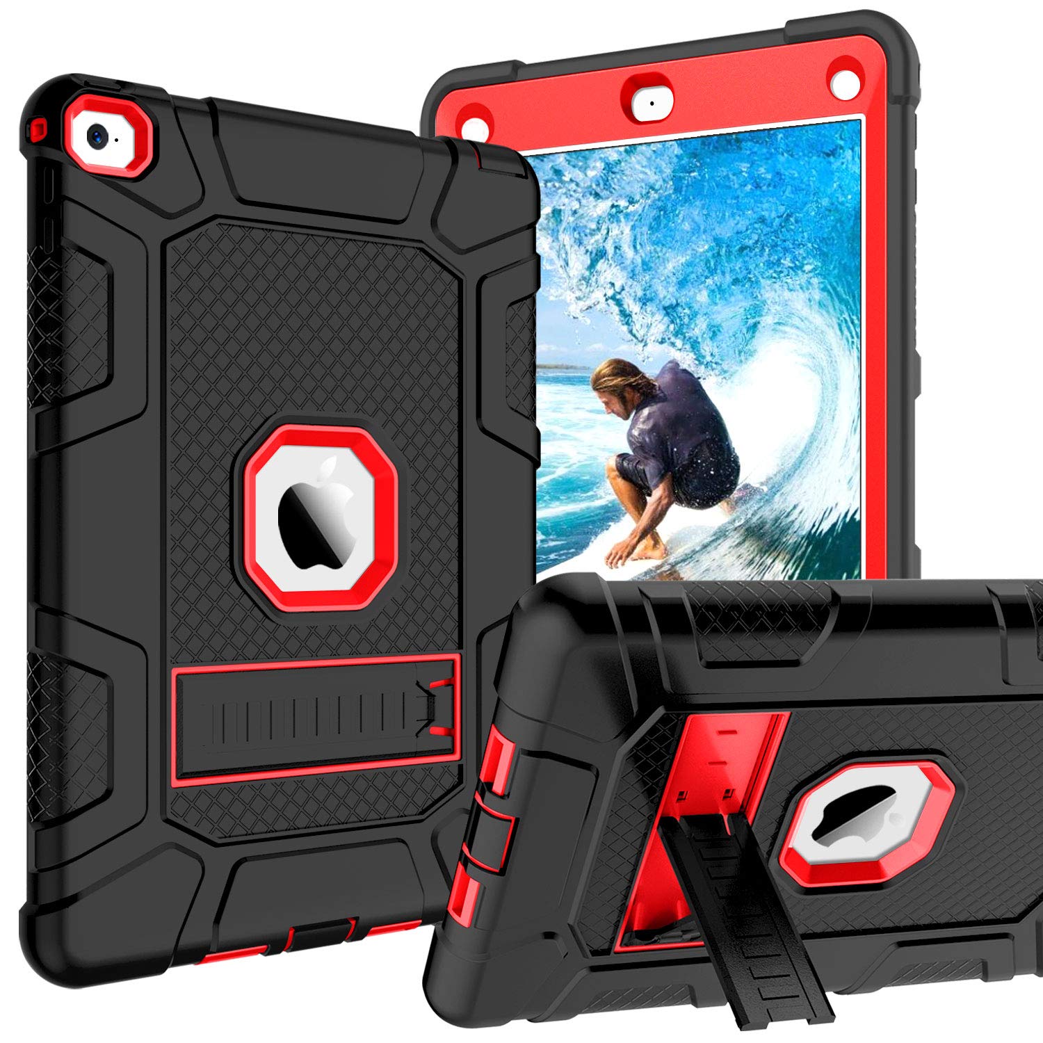 Premium Shockproof iPad Air 2 Case with Kickstand - Heavy Duty 3-in-1 Full Body Protection Cover for iPad Air 2 A1566/A1567 (Black/Red) - Perfect for Travel, Work & Outdoor Activities