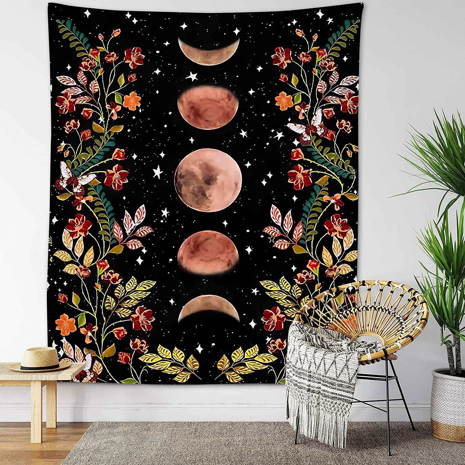 Moon Phase Flower Vine Tapestry Wall Hanging with 20FT LED String Lights - 80x60 Inches Celestial Boho Decor for Bedroom, Living Room, Dorm - Perfect for Meditation Spaces & Moonlit Garden Themes