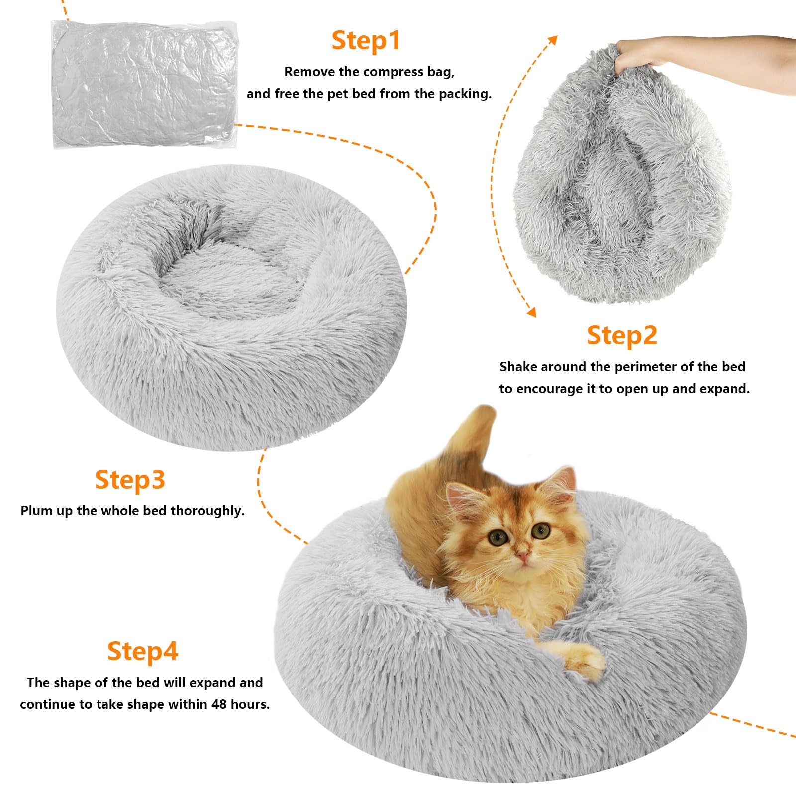 Soft Round Donut Pet Bed for Small Dogs & Cats - Non-Slip Bottom Calming Plush Bed for Puppies & Kittens - Perfect for Indoor Use in Living Room or Bedroom