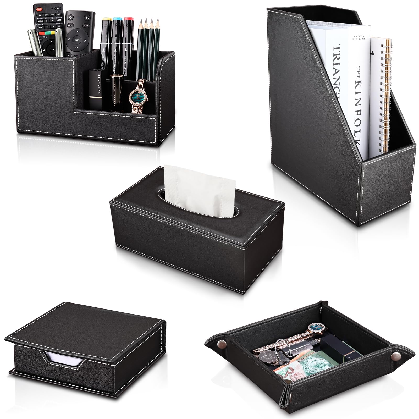 KINGFOM 5-Piece PU Leather Desk Organizer Set - File Holder, Magazine Storage Rack, Pen & Pencil Holder, Tissue Box Cover & Jewelry Tray - Office & Home Organization Accessories for Desk, Study & Workstation