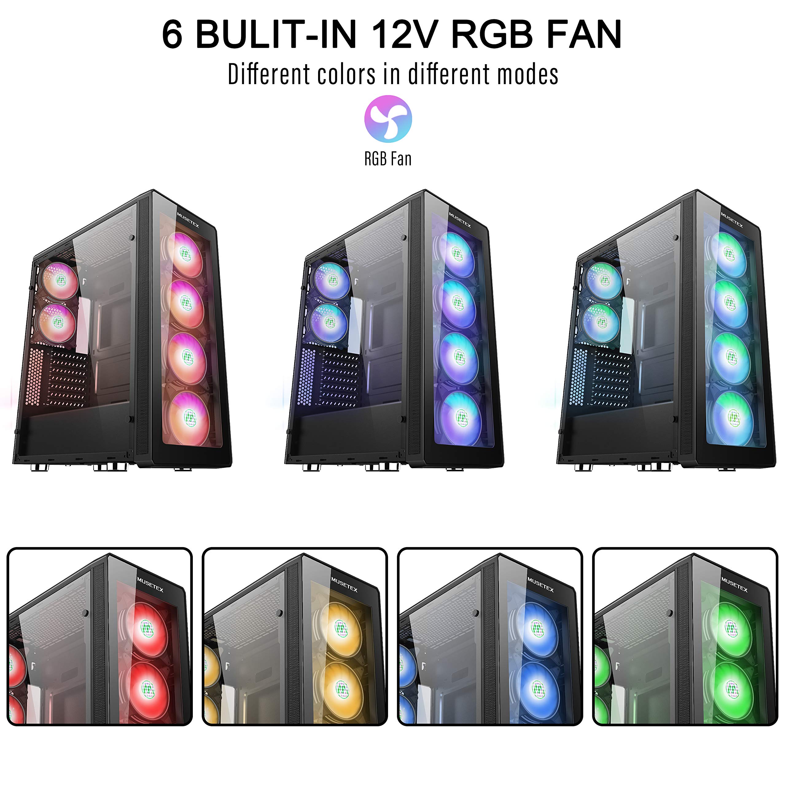 MUSETEX ATX Mid-Tower PC Gaming Case with 6 ARGB Fans & Tempered Glass - 2 USB 3.0 Ports, Remote Control, Superior Airflow & Cable Management (Model T400-N6) - Perfect for Gaming Rigs, Streaming Setups & High-Performance PC Builds
