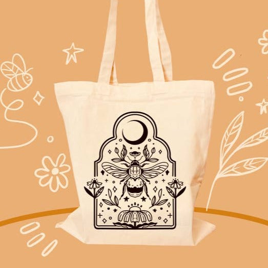 Beehive Motive Tote Bag - 100% Cotton Eco-Friendly Shopping Bag for Groceries, Beach & Everyday Use